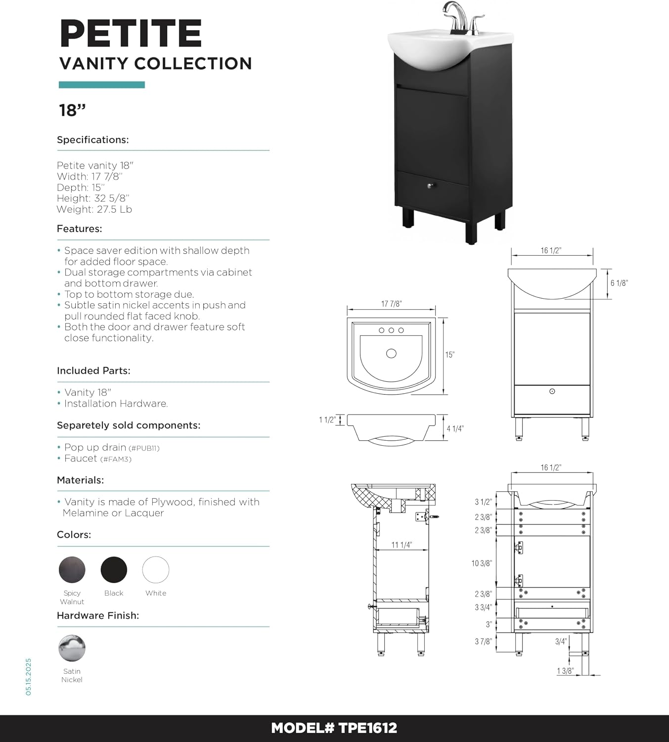 Fine Fixtures Petite 18 Inch Bathroom Vanity with Sink, Small Freestanding Bathroom Cabinet, Space-Saving Vanity Sink Combo Design, Dual Storage, Satin Black