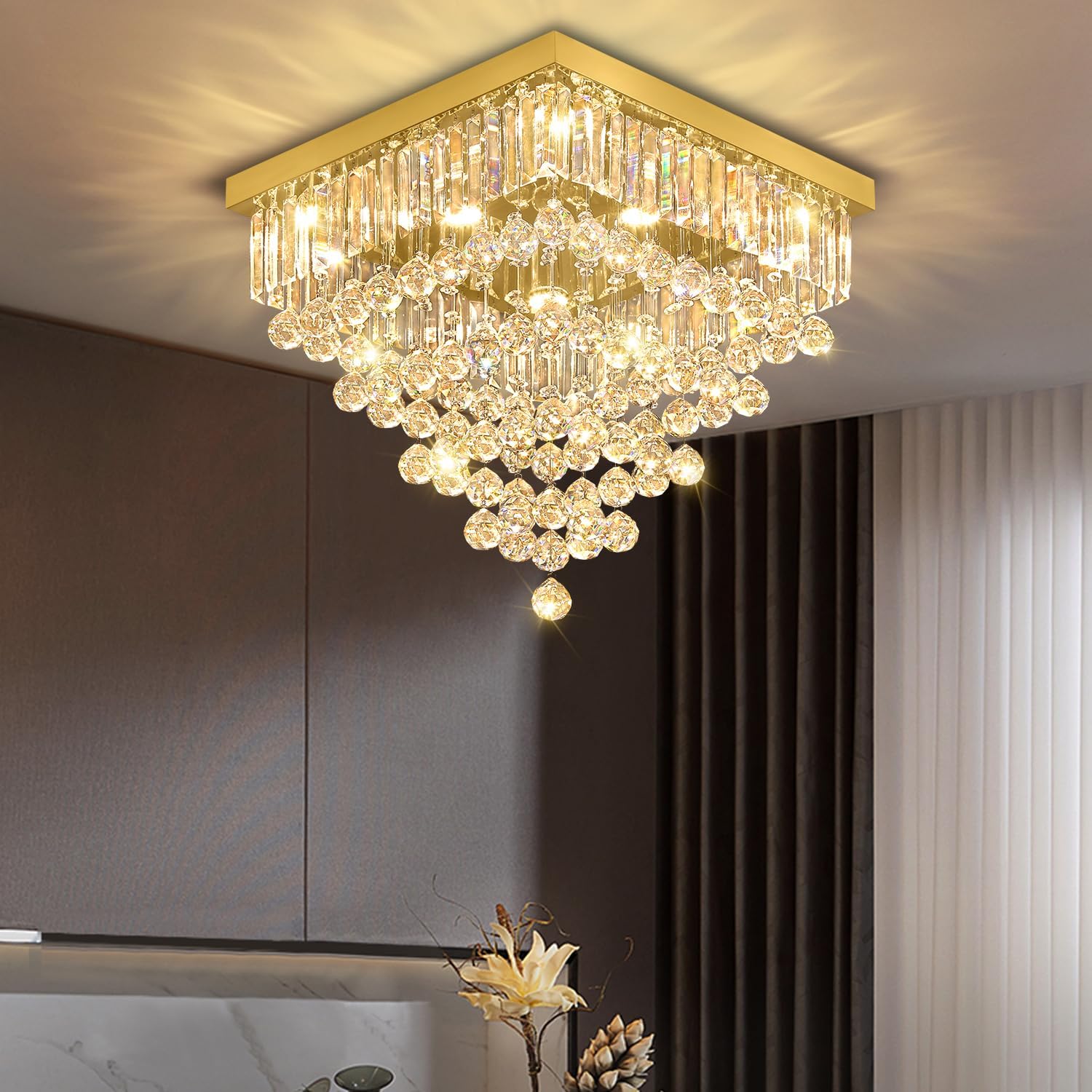 Modern Gold Square Crystal Flush Mount Ceiling Light 20' 6 Lights Luxury K9 Crystal Chandelier Lighting Fixture for Living Room Dining Room Bedroom Kitchen Entryway Hallway Foyer