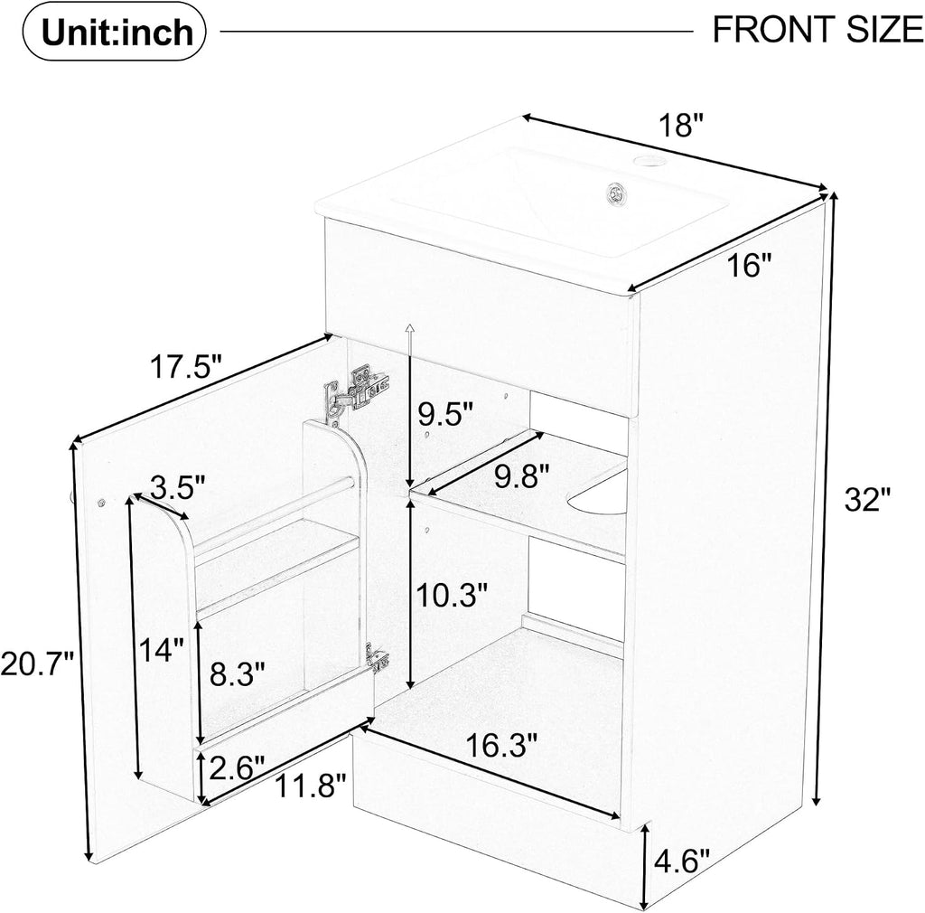 18-inch Bathroom Vanity Sink Combo, Free-Standing Single Storage Cabinet with Adjustable Shelf & Storage Rack, Wooden Bath Vanity with Ceramic Basin for Bathroom (Grey)