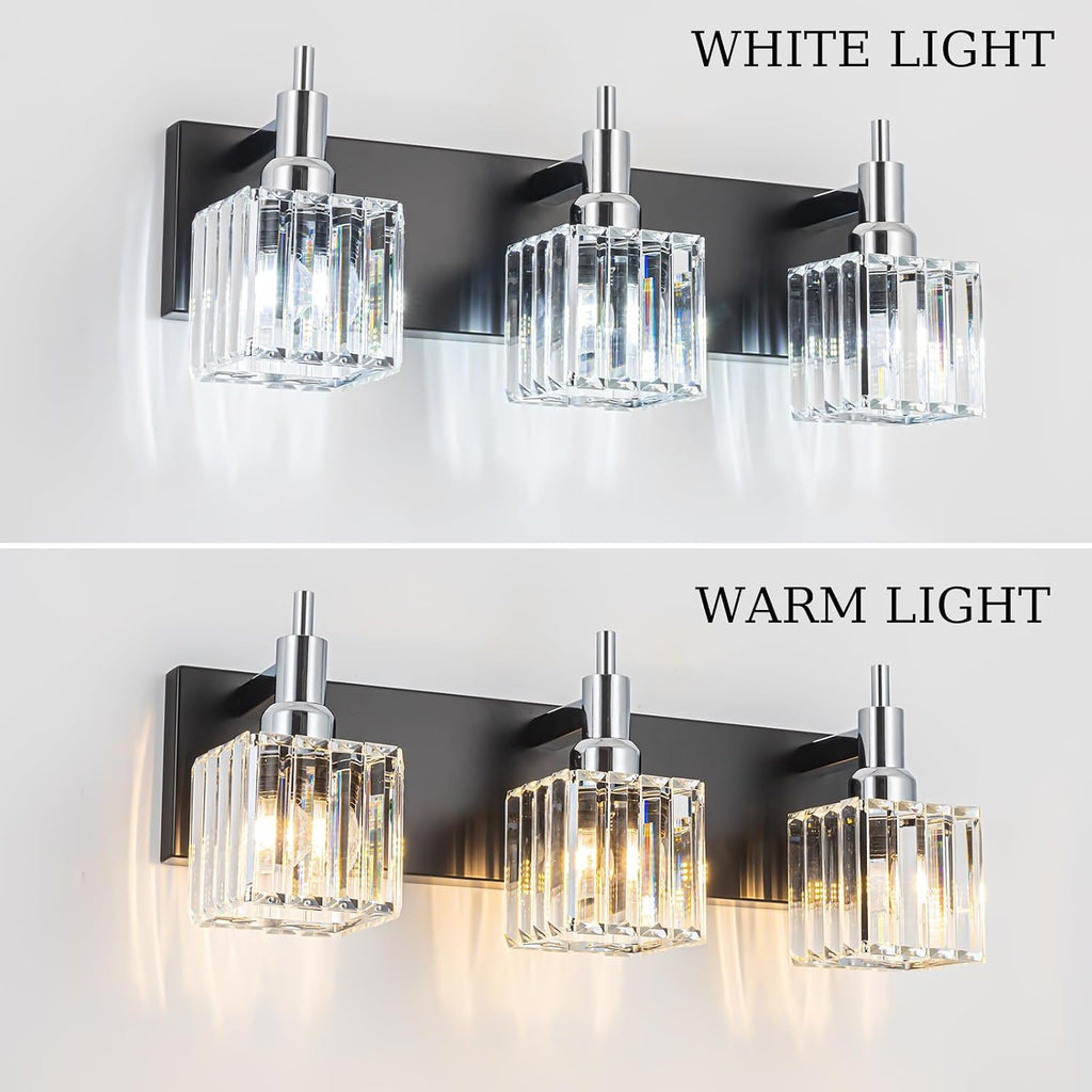 Chrome Bathroom Vanity Lights, Modern 3 Lights Crystal Bathroom Lighting Fixtures Over Mirror Black Chrome Wall Light with Square Shade