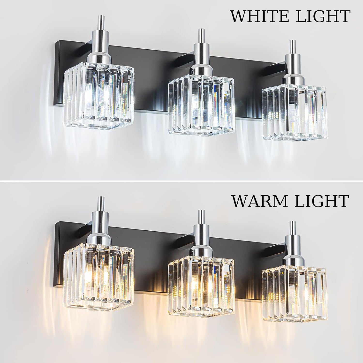Chrome Bathroom Vanity Lights, Modern 3 Lights Crystal Bathroom Lighting Fixtures Over Mirror Black Chrome Wall Light with Square Shade