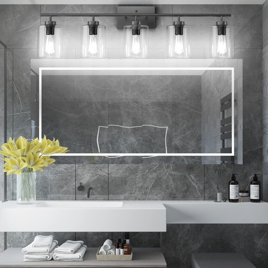Aipsun 5 Lights Black Vanity Lights Fixtures Over Mirror with Clear Glass Shades Industrial Wall Light Fixture for Bathroom(Exclude Bulb)