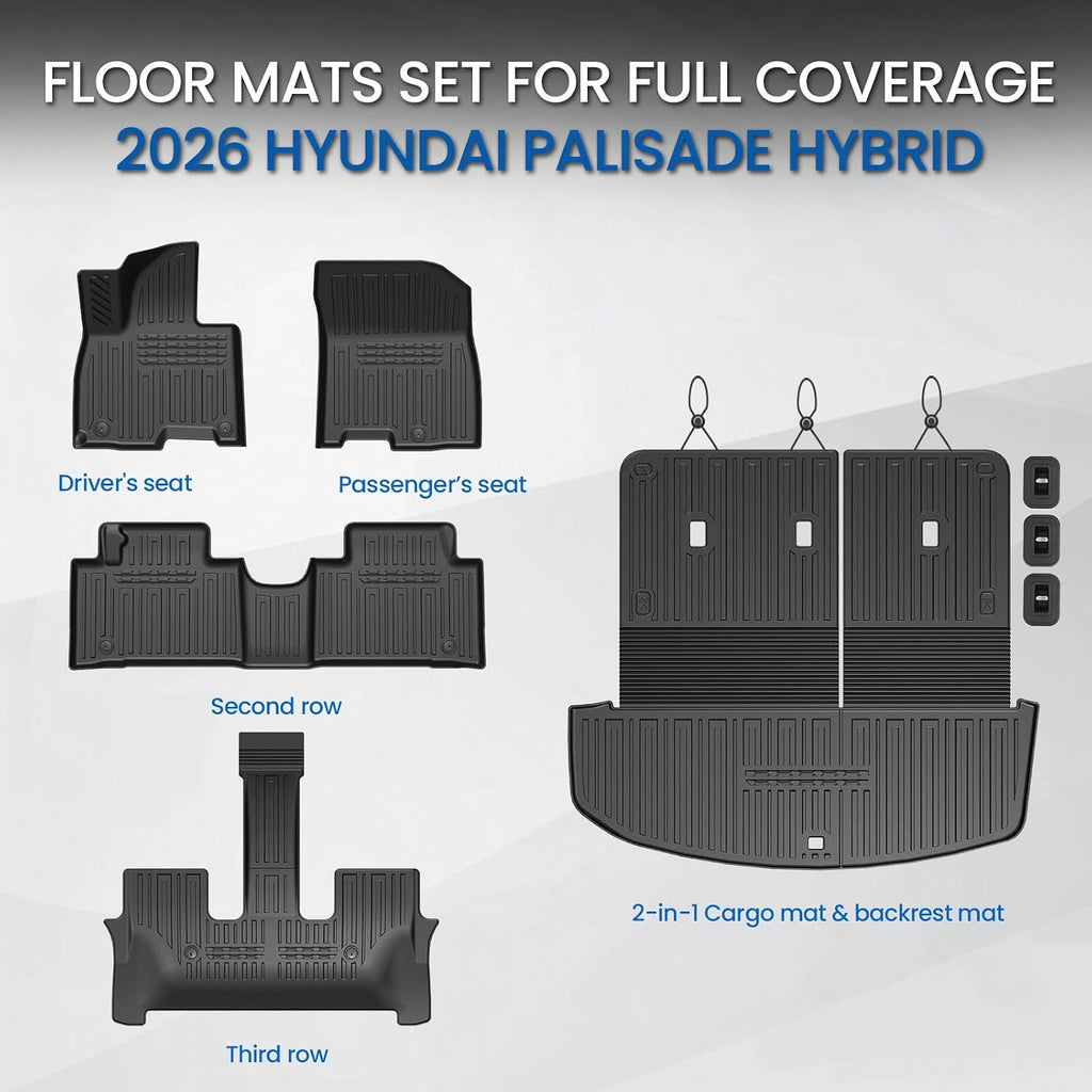 Floor Mats Set for 2026 Hyundai Palisade Hybrid 7/8 Seats (Not Fit Gas), All Weather TPE Backrest Mat Cargo Mat Floor Liner Accessories, Waterproof and Durable Car Mats