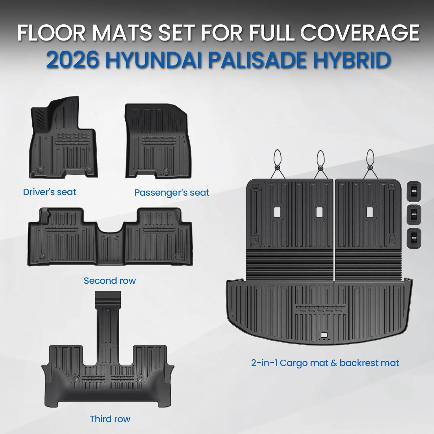 Floor Mats Set for 2026 Hyundai Palisade Hybrid 7/8 Seats (Not Fit Gas), All Weather TPE Backrest Mat Cargo Mat Floor Liner Accessories, Waterproof and Durable Car Mats