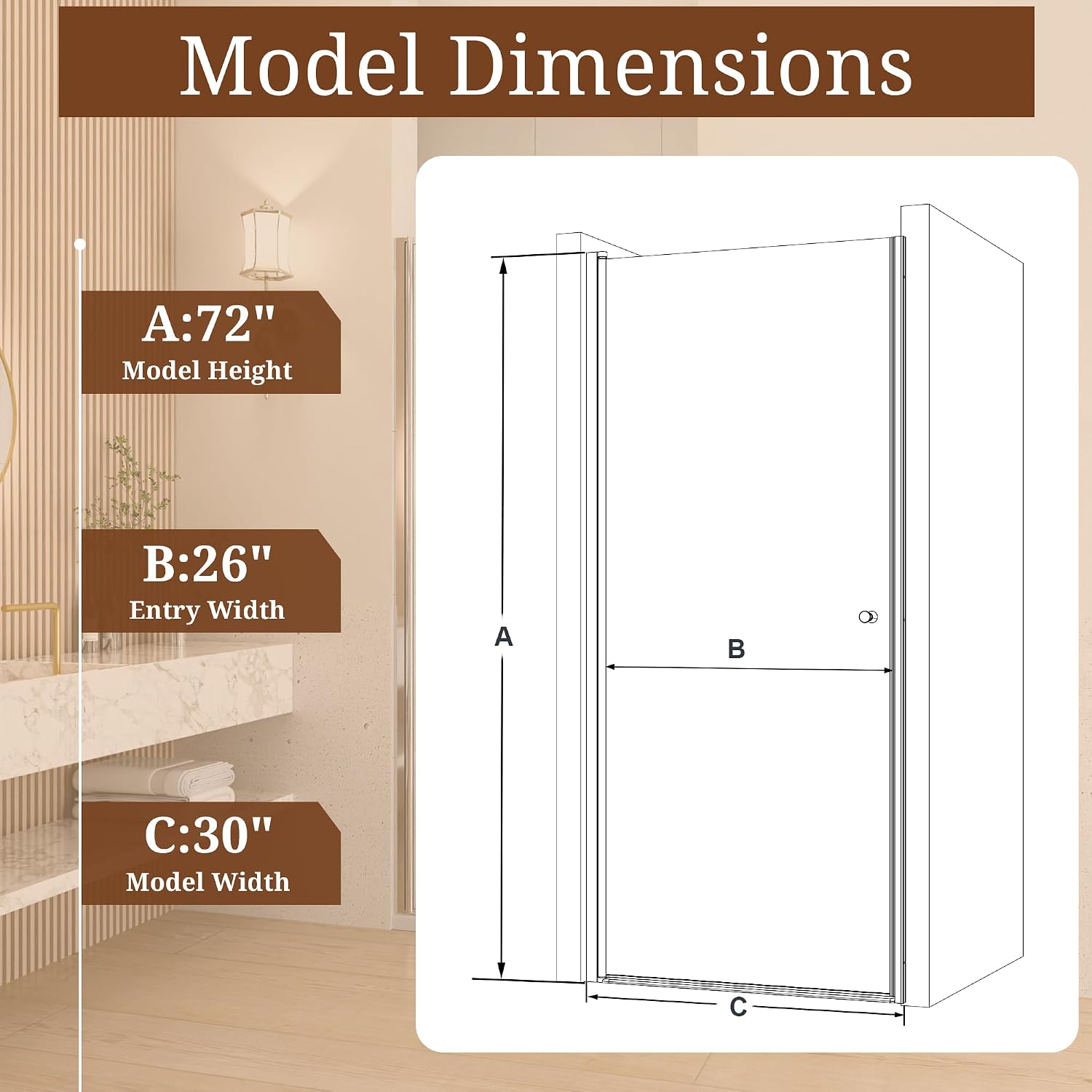 29-30' W x 72' H Semi-Frameless Matte Black Shower Door, ANSI/SGCC Certified 6mm Clear Tempered Glass, Pivot Swing Bathroom Door with Reversible Installation, Waterproof for Small Space