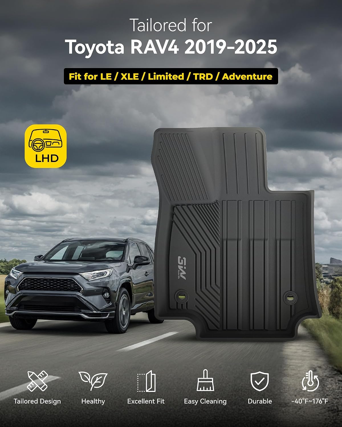 3W Floor Mats & Cargo Liner Fit Toyota RAV4 2019-2025 (Not for Hybrid or Prime) TPE All Weather Custom Fit Floor Liner for Toyota RAV 4 LE/XLE/Limited/TRD/Adventure Car Mats and Trunk Mat