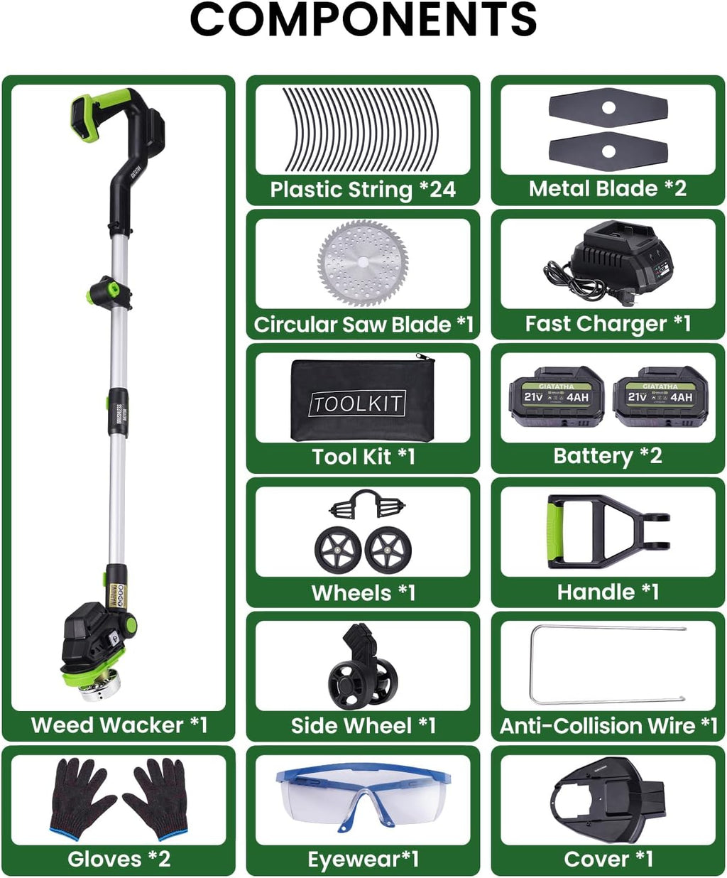 Electric Weed Wacker Cordless with Wheel, Brushless Grass Trimmer with 2 21V 4.0Ah Battery and Fast Charger, 3 Types of Blades String Trimmer, Weed Eater Battery Powered, Grass Cutter Machine