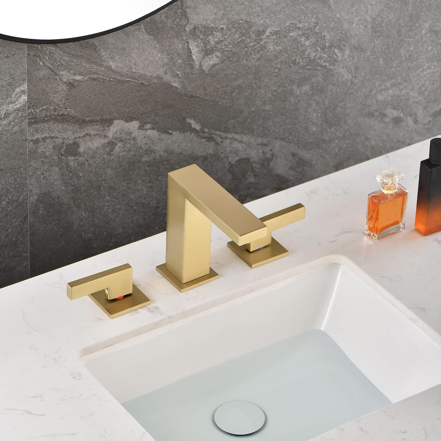 sumerain Brushed Gold 8 Inch Widespread Bathroom Faucet 2 Handle Lavatory Faucet Solid Brass, with Quick Connect Hose