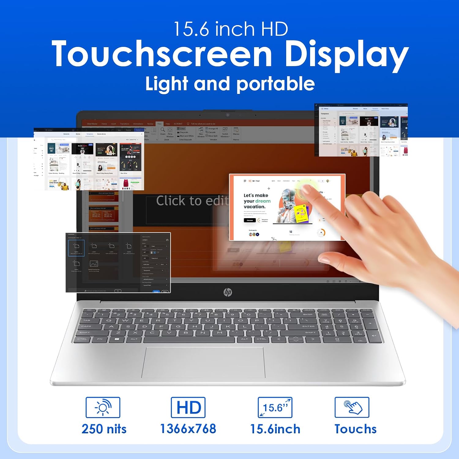 HP 15.6 Business Touchscreen Laptop Computer - w/Office Lifetime & Windows 11 Pro & DVD Drive | 15.6' HD 250 nits Touch Display | Intel i3 1215U | Wi-Fi6 | 32GB RAM • 1TB SSD