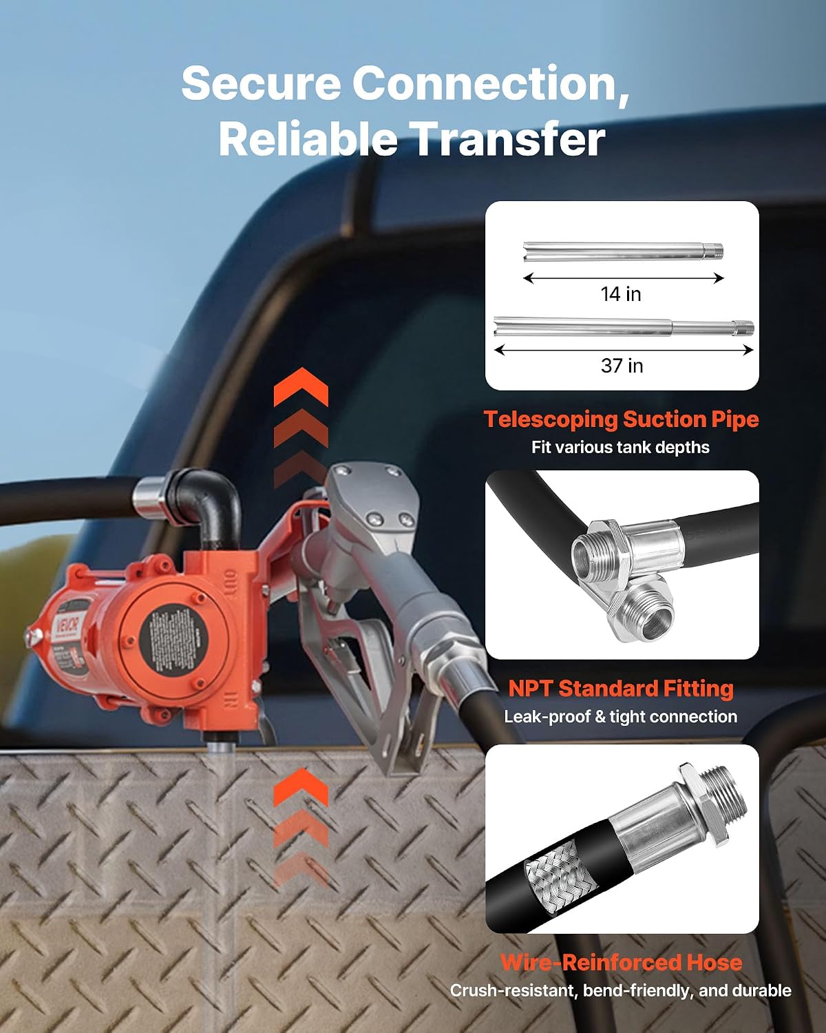 VEVOR Fuel Transfer Pump, 12V DC 15 GPM, Cast Iron Diesel Transfer Pump Kit, with Manual Nozzle, Discharge Hose, Overheat Protection, Power Cable, Explosion-Proof, for Gasoline Diesel Kerosene & More