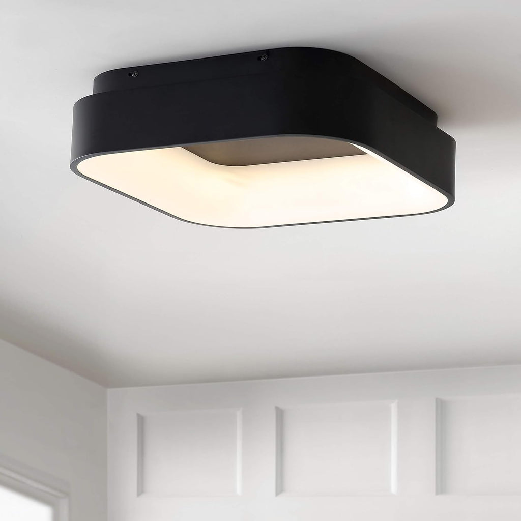 JONATHAN Y 17.7' Black Rafael Square LED Flush Mount Ceiling Light Fixture, Modern Dimmable 3000K Integrated 32W Lighting for Kitchen, Bedroom, Hallway, Metal Body (JYL7207B)