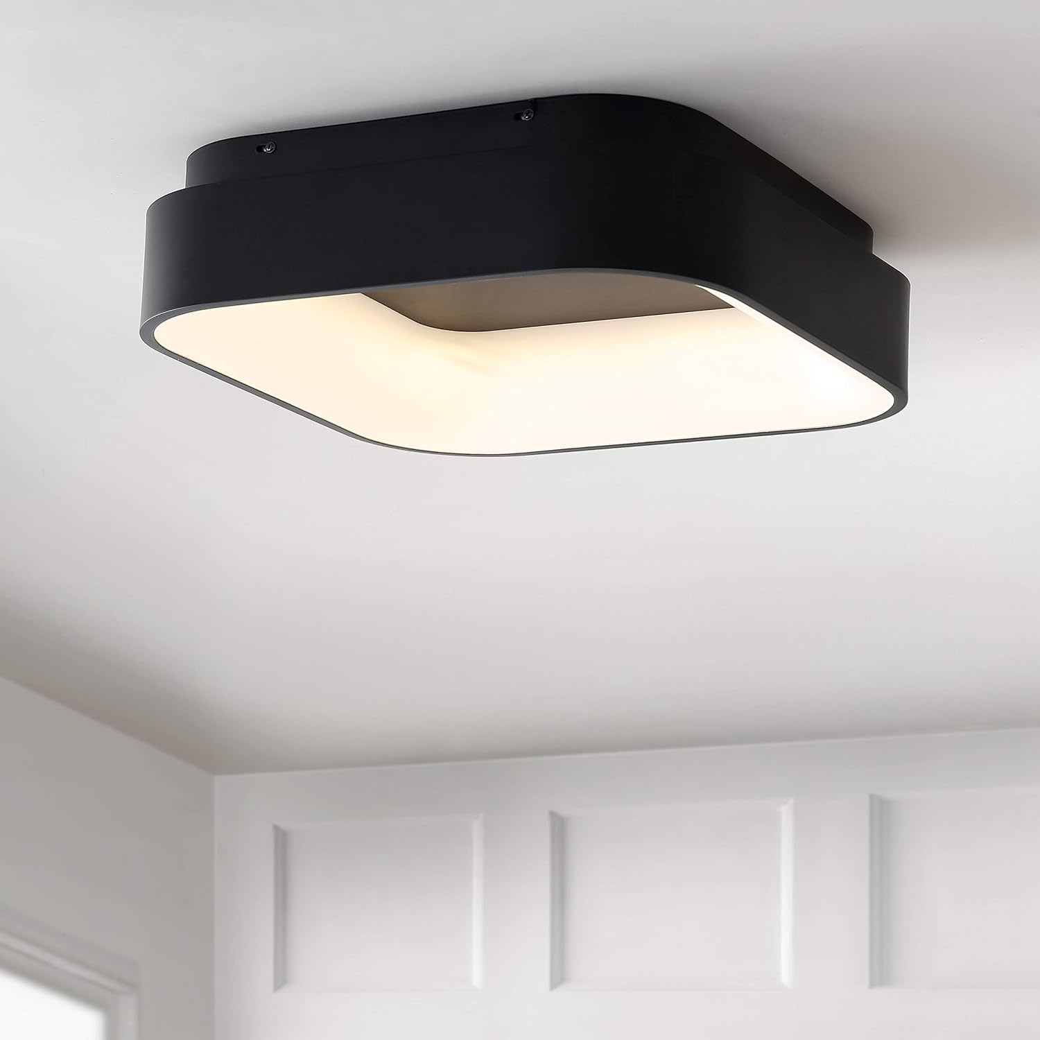 JONATHAN Y 17.7' Black Rafael Square LED Flush Mount Ceiling Light Fixture, Modern Dimmable 3000K Integrated 32W Lighting for Kitchen, Bedroom, Hallway, Metal Body (JYL7207B)