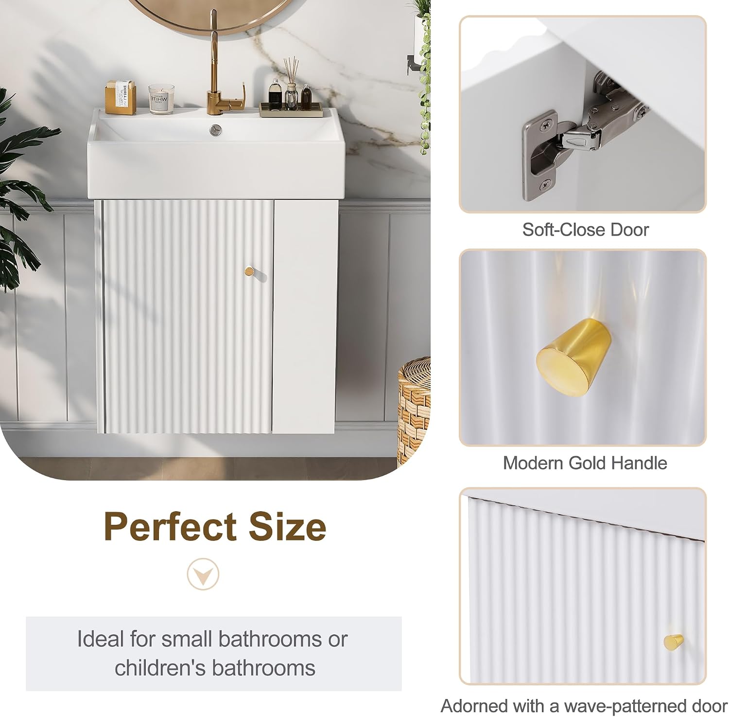 21.6-inch Bathroom Vanity with Sink, Wall-Mounted Vanity Storage Cabinet with One Door & Right Two-Tier Shelf, Solid Wood Organizer with Ceramic Sink for Bathroom, White