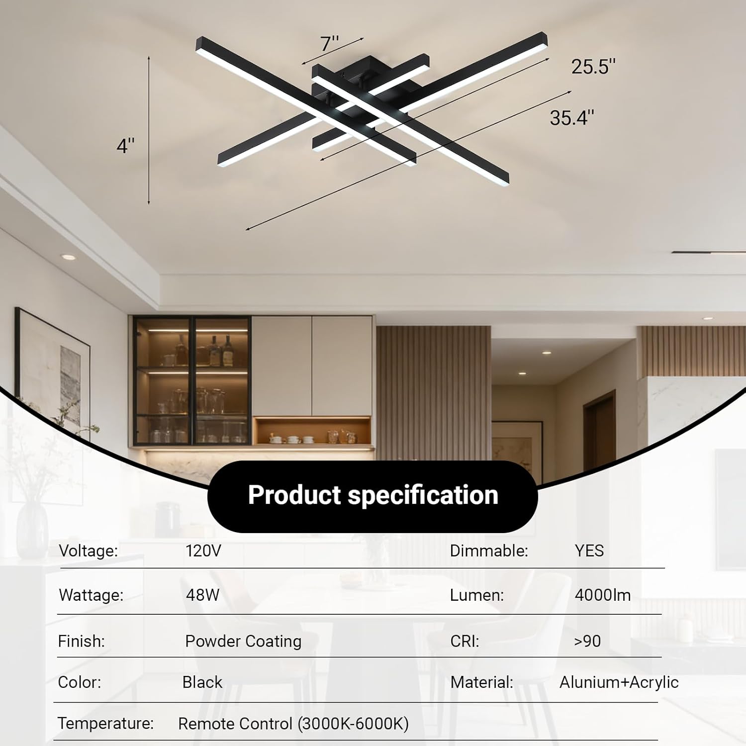 Semi Flush Mount Modern Light Fixture,35.4' Modern LED Ceiling Lights Fixture,for Hallway,Entrance,Cafe,Living Room,Bedroom,Corridor,Porch,Passage Light Fixtures (Black (4-Lights))
