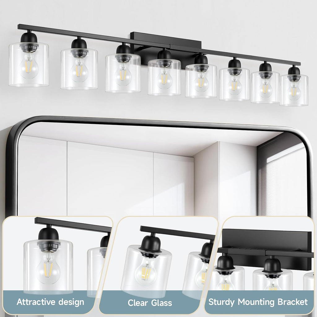 Bath Vanity Lights for Mirror, Restroom Lights Fixtures with Milky White Frosted Glass Shades,Bathroom Over Sink Light Fixtures (Black & Clear Glass, 8-Light)