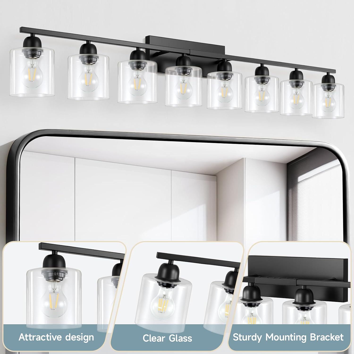 Bath Vanity Lights for Mirror, Restroom Lights Fixtures with Milky White Frosted Glass Shades,Bathroom Over Sink Light Fixtures (Black & Clear Glass, 8-Light)