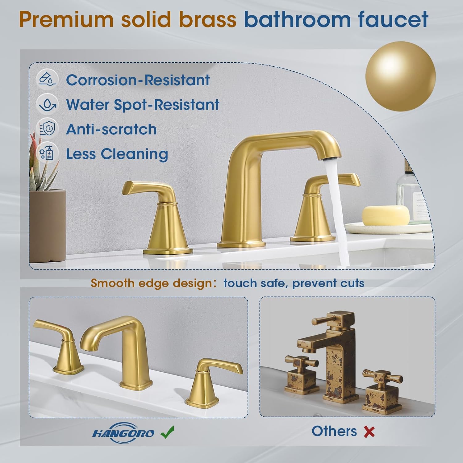 Gold Bathroom Faucet,Bathroom Sink Faucet,Brushed Gold Bathroom Faucet 3 Hole, with Pop Up Drain and CUPC Supply Lines for Vanity,Lavatory RV Farmhouse (HG-8904-BG)