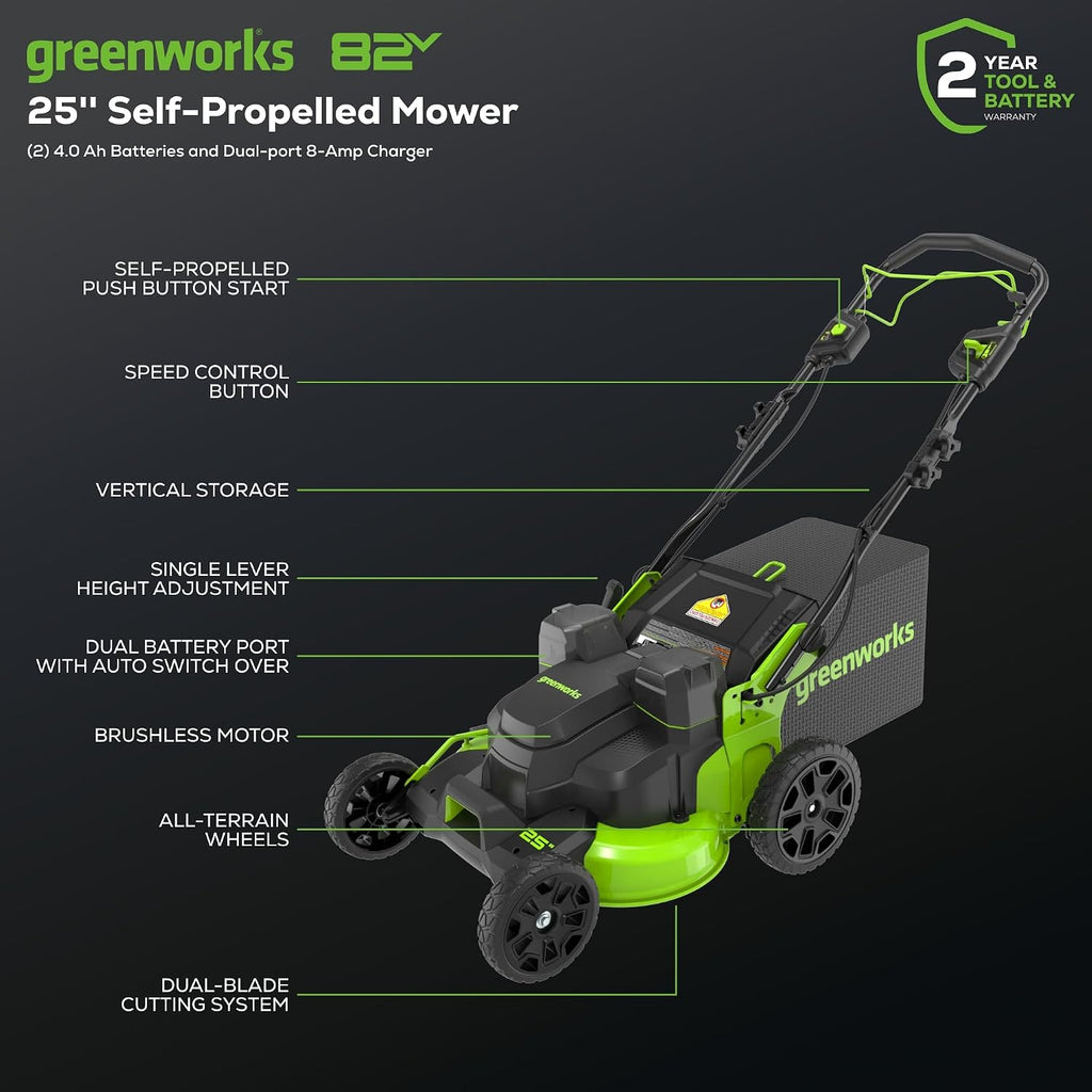 Greenworks 82V Bundle - 25' Brushless (Self-Propelled) Cordless Lawn Mower, (2) 4.0Ah Batteries and Dual Port Rapid Charger + Bonus 4.0Ah Battery (Bonus Battery)