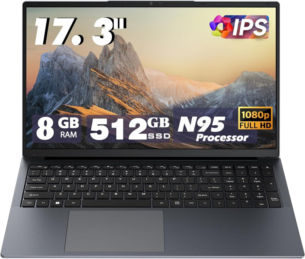 17 Inch Laptop Computers,12th Generation Processor N95 4C 4T(3.4Ghz),8GB DDR4 RAM 512GB SSD,1080P Display,10000mAh Large Battery,Type-C(Data), WiFi5,BT,RJ45,Dual Stereo Speakers, Backlit Keyboard.