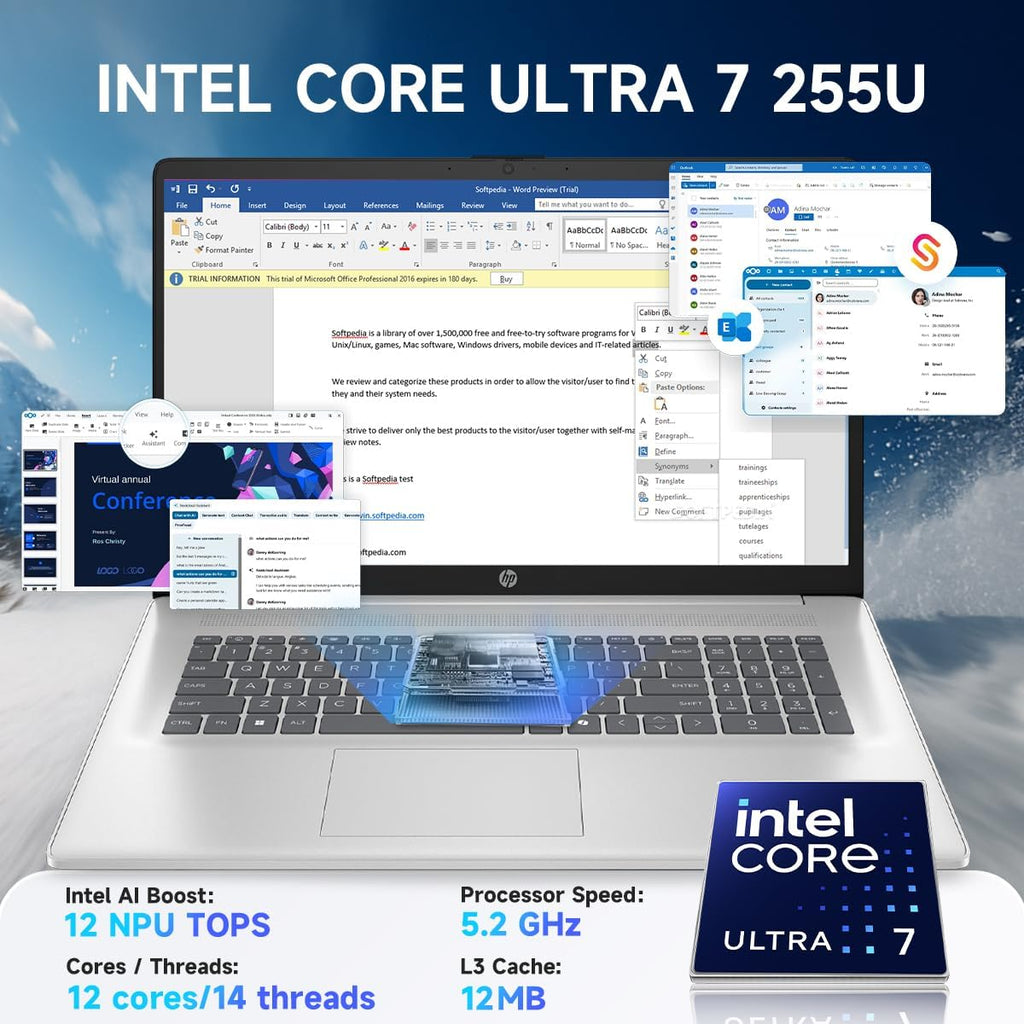 HP 17inch Touchscreen Business Laptop - Intel 12-Core Ultra 7 255U(up to 5.2 GHz), 64GB DDR5, 2TB SSD, Copilot AI, 12 NPU Tops, 17.3' Anti-Glare HD+, Backlit KB, Windows 11 Pro, w/Accessory