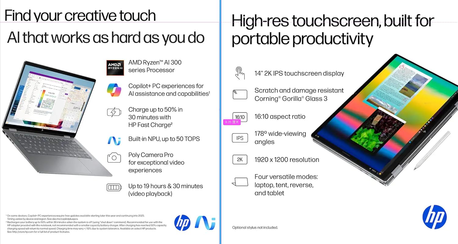 HP OmniBook X Flip 2-in-1 Laptop 14' WUXGA IPS Touchscreen 8-Core AMD Ryzen AI 7 350 24GB LPDDR5 1TB SSD AMD Radeon 860M Graphics Wi-Fi 6E Backlit Keyboard Win11 W/Stylus Pen