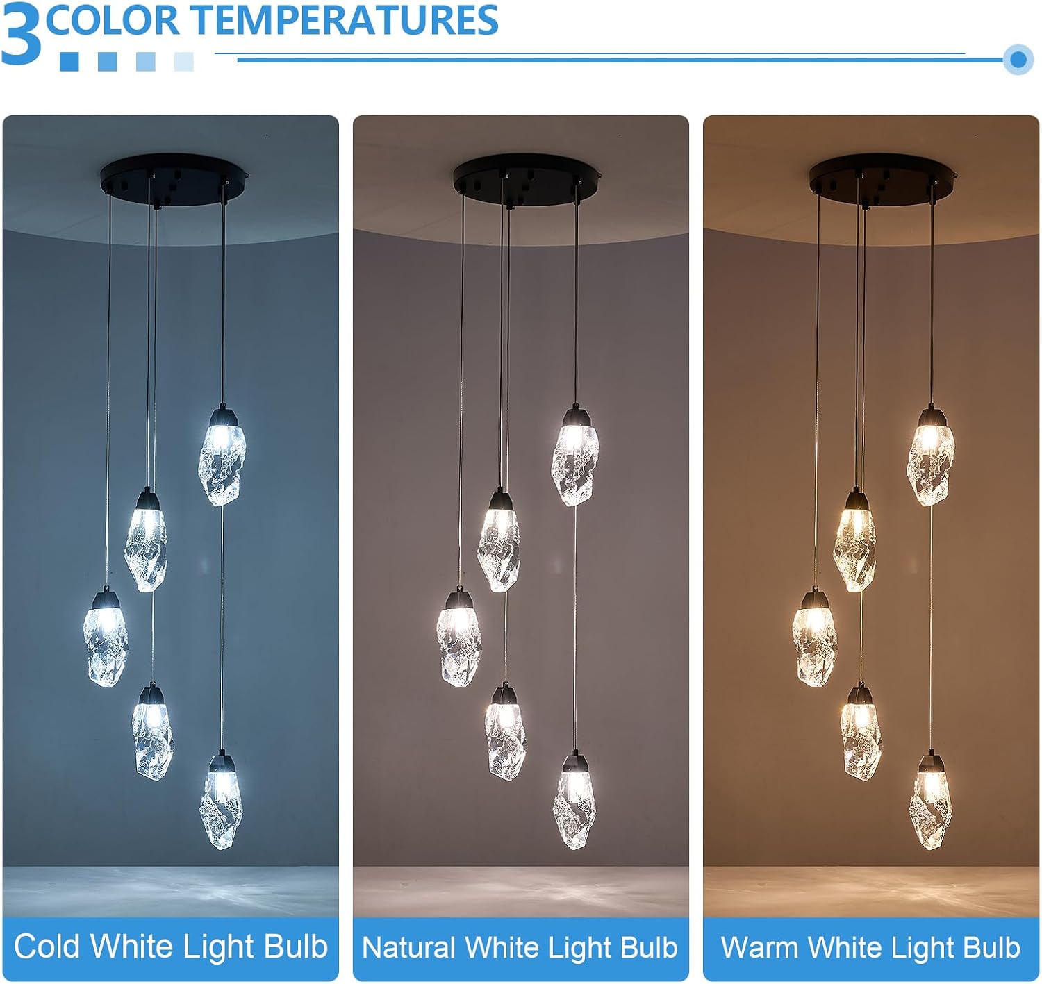 5-Light Modern Crystal Chandelier Dimmable Pendant Light Fixture with Black Teardrop Design Diamond Pendant Lighting for Kitchen Island, Dining Room, Hallway, Bathroom