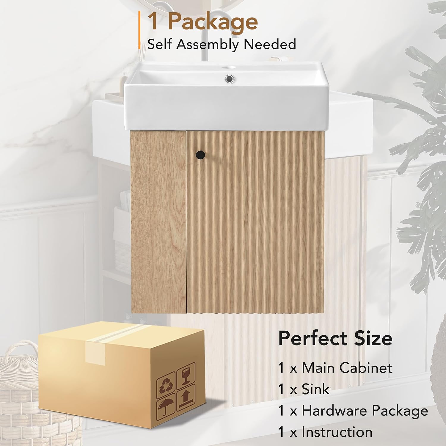21.6-inch Bathroom Vanity with Sink Combo, Wall-Mounted Single Storage Cabinet with One Cabinet & Left 2-Tier Shelves, Wooden Vanity with Ceramic Basin for Bathroom, Wood