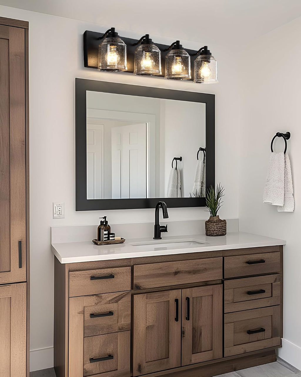 Vanity Lights for Bathroom Large 31.5', Farmhouse Rustic Vanity Light with Bubble Glass Shades, Black 4 Light Bathroom Lighting Fixtures Over Mirror, Bath Wall Sconce Home Decor