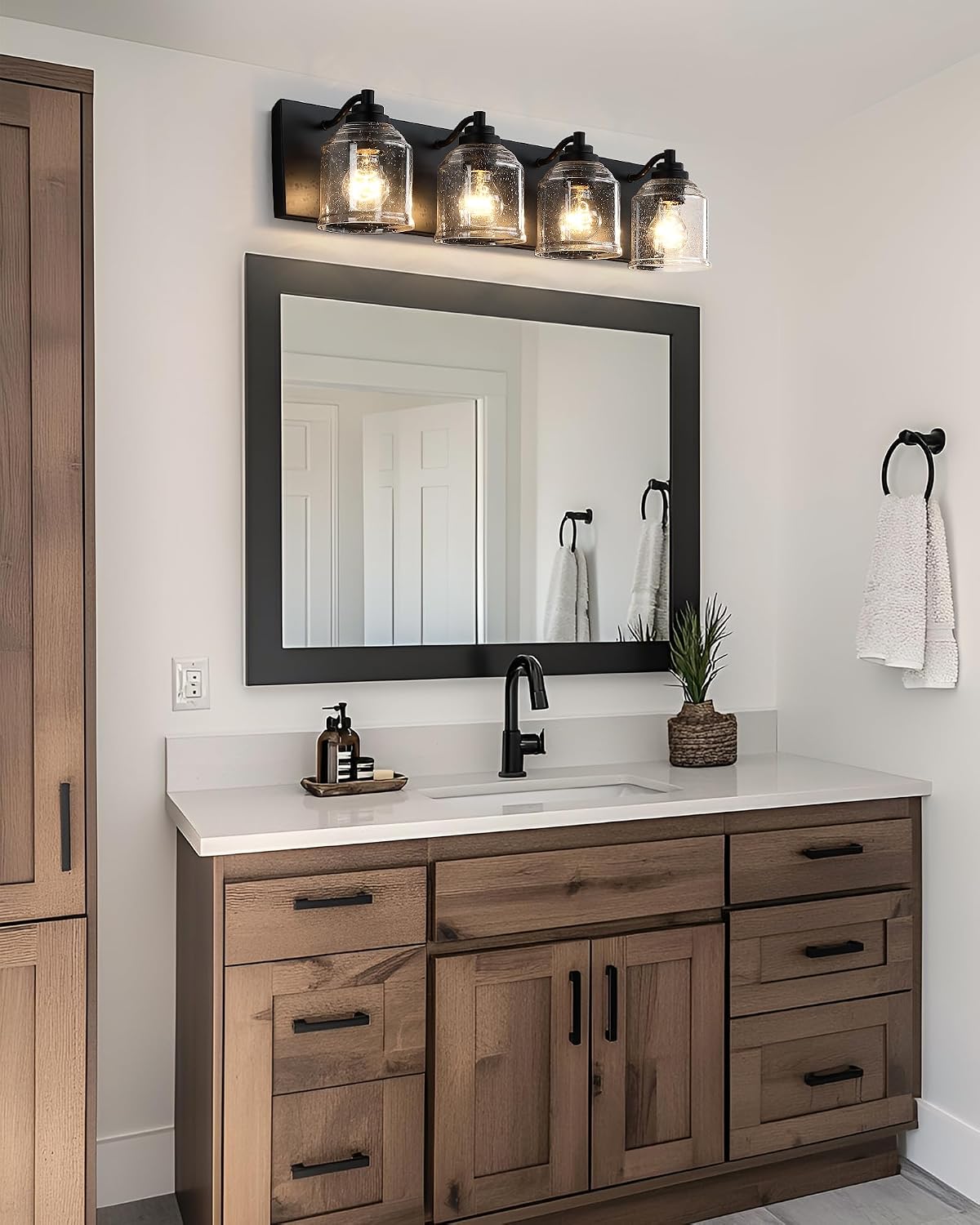 Vanity Lights for Bathroom Large 31.5', Farmhouse Rustic Vanity Light with Bubble Glass Shades, Black 4 Light Bathroom Lighting Fixtures Over Mirror, Bath Wall Sconce Home Decor