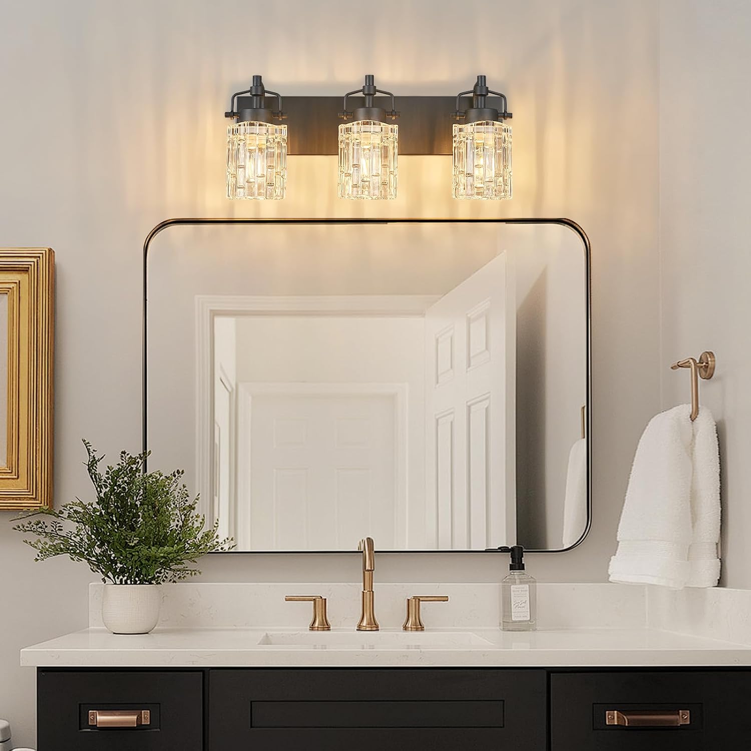3 Light Crystal Glass Vanity Light, Black Bathroom Lighting Fixtures Over Mirror Modern Bath Wall Sconce Lighting for Bedroom Living Room