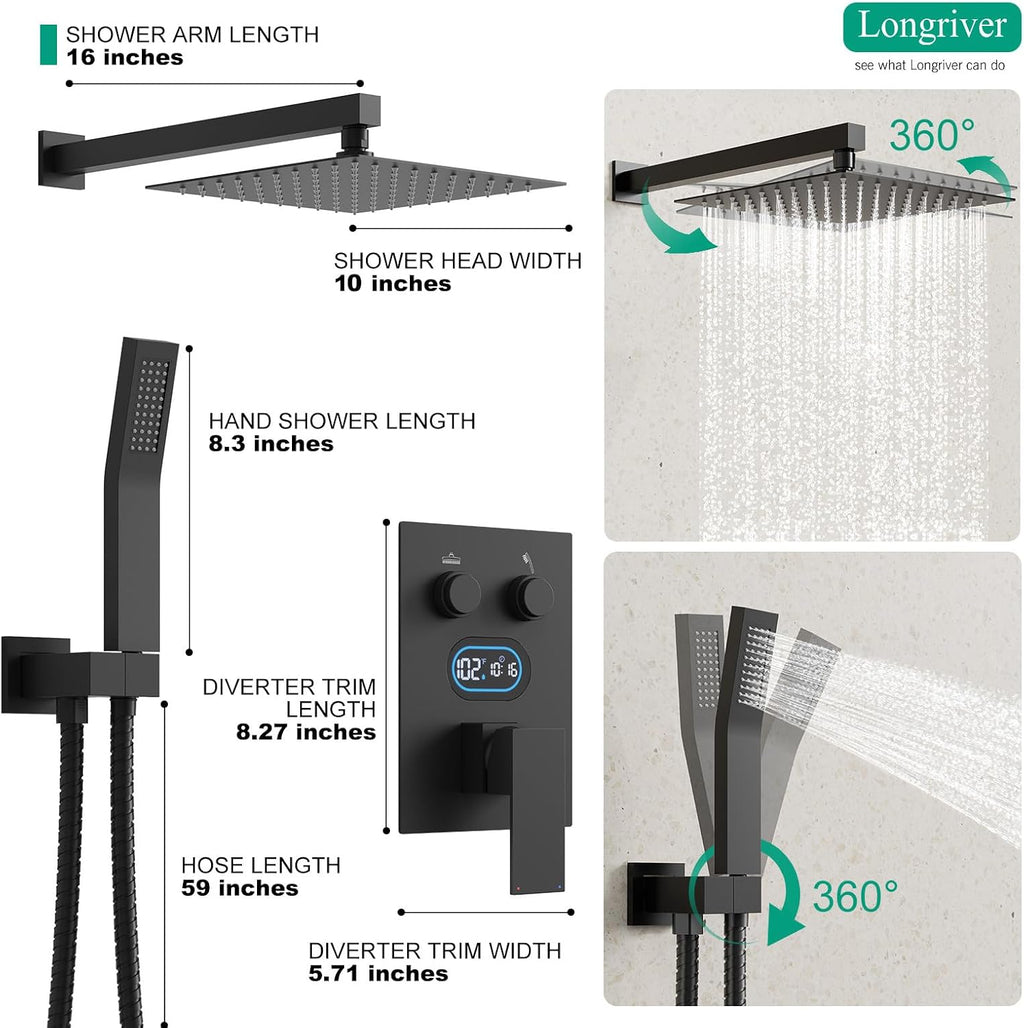 Push Button Diverter Shower Faucet Set, Hydro Power Temperature Display, Shower System 10 Inch Shower Head with Handheld Spray, Wall Mounted Shower Fixtures with Shower Valve and Trim Kit, Matte Black