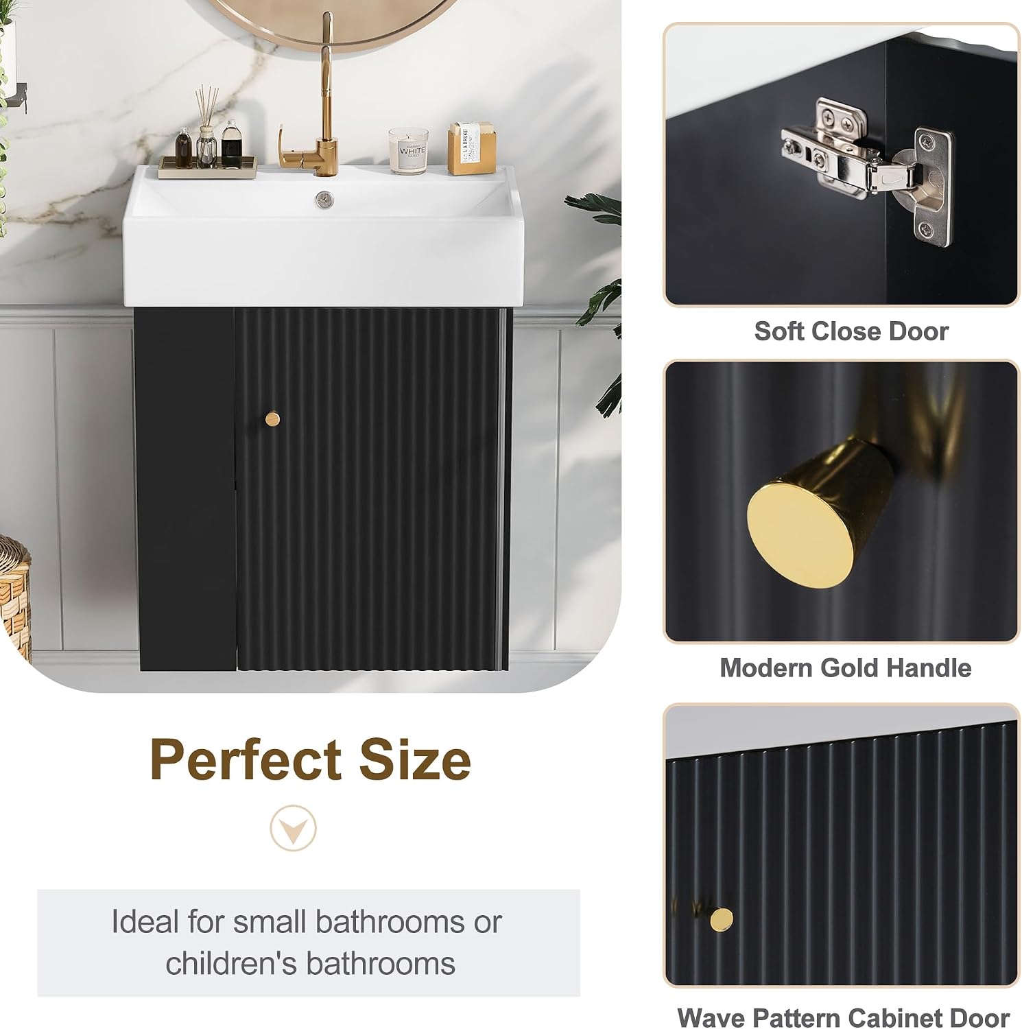 21.6-inch Bathroom Vanity with Sink, Wall-Mounted Vanity Cabinet with Storage Cabinet & Left Two-Tier Shelf, Solid Wood Bath Vanity Organizer with Ceramic Sink for Bathroom, Black