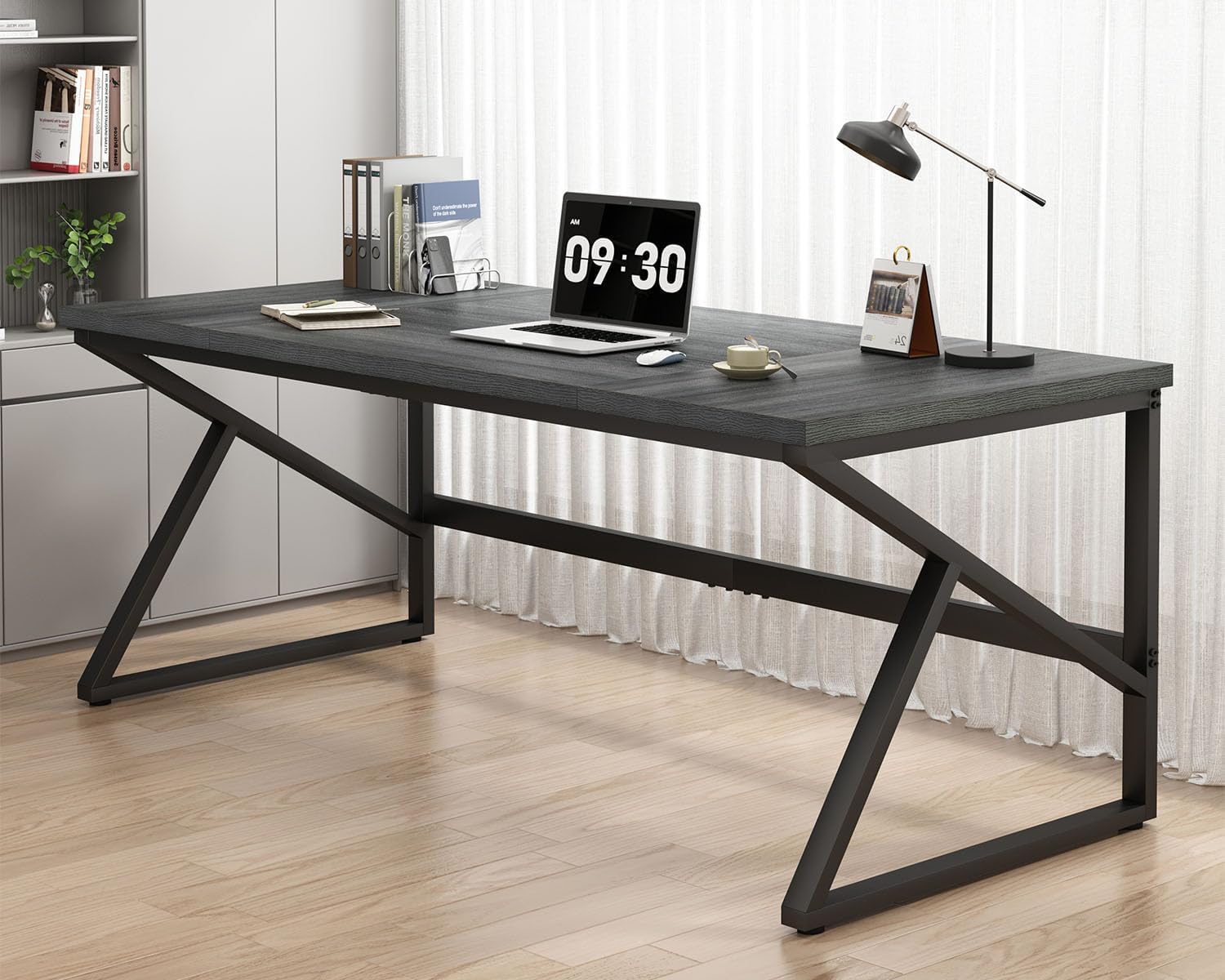 HSH Extra Long Computer Desk, Industrial Metal Wood Home Office Desk, Large PC Laptop Table for 2 Person Executive Writing Work Study Gaming, Bedroom Living Room Dual Monitor Desk, Dark Gray, 70 Inch