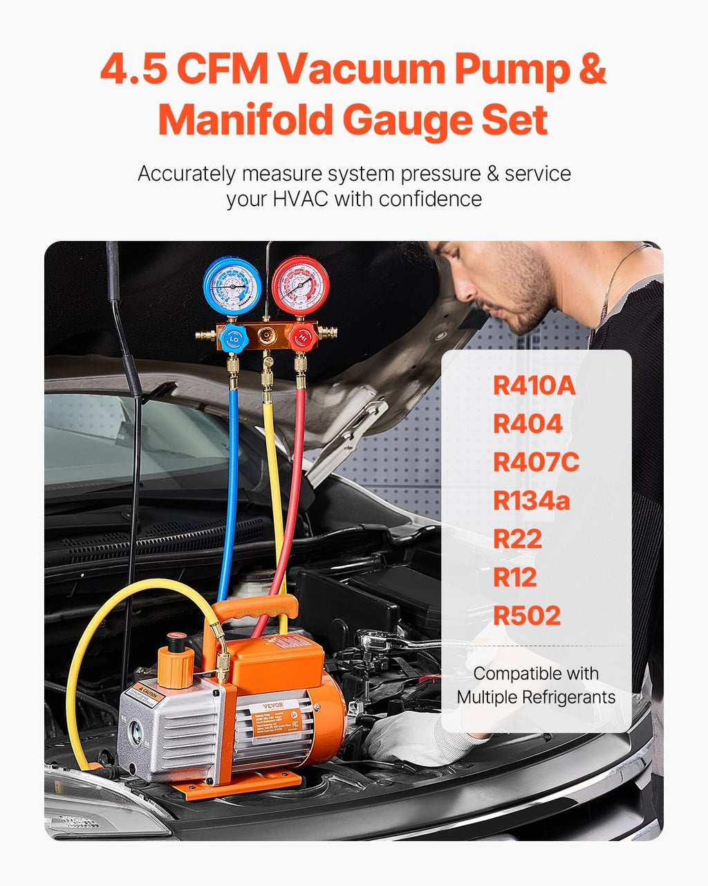 VEVOR 4.5 CFM AC Vacuum Pump and Gauge Set, Single Stage Rotary Vane HVAC Air Vacuum Pump, A/C Refrigerant Manifold Gauge Kit, with Leak Detector Hoses, for R134a, R12, R22, R502a, R410A, R404, R407C