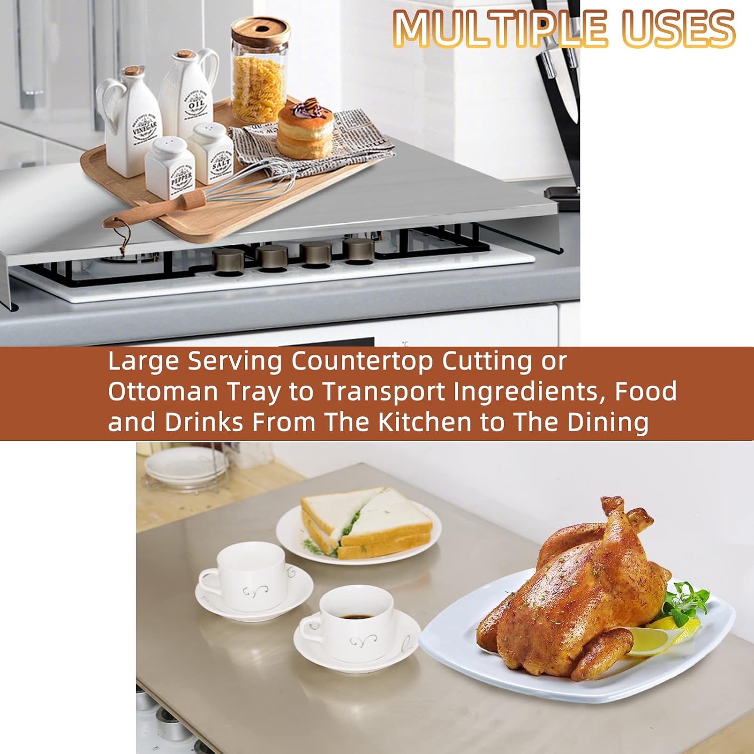 Stainless Steel Gas Stove Top Cover, Noodle Board Cooktop Cover, Kitchen Organizer for Gas and Electric Stove Range Expanding Kitchen Space, Large Size 36'x 23.6'x3', Sliver