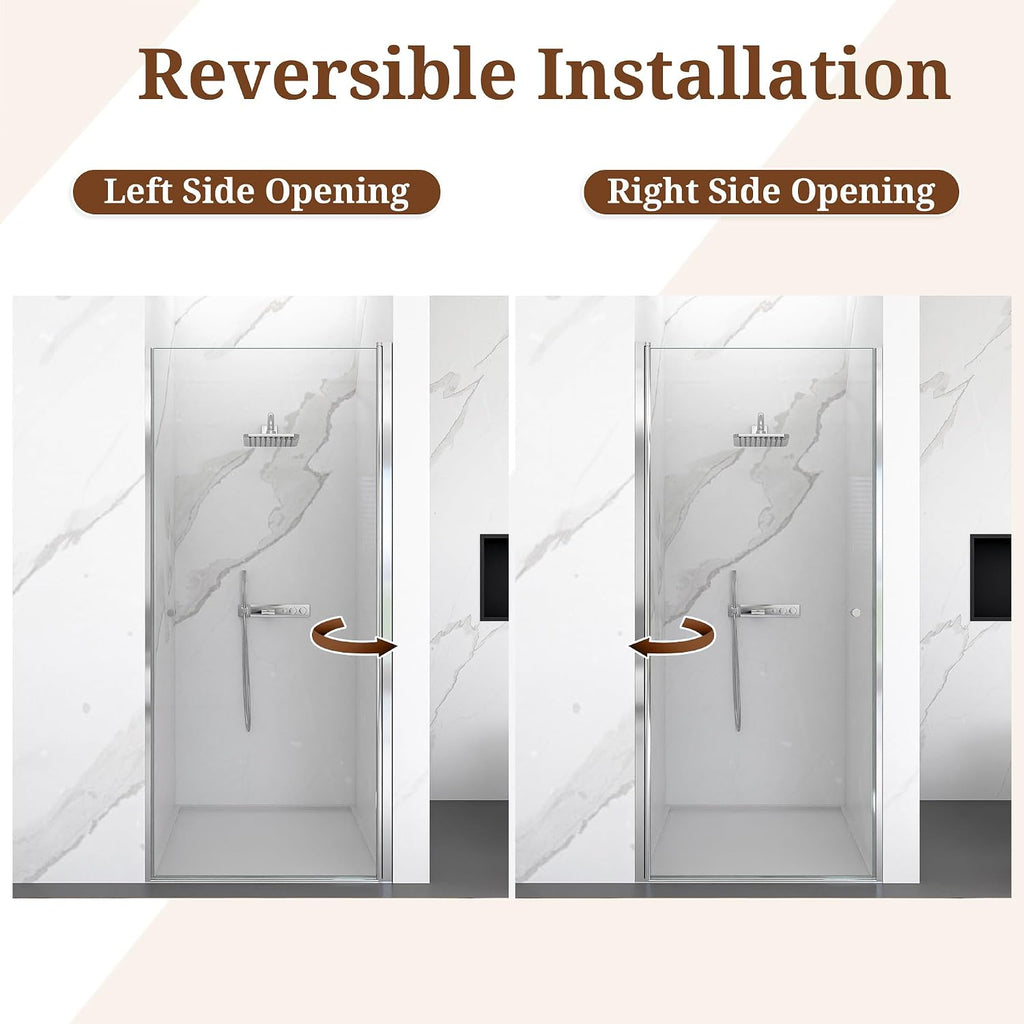 23-24' W x 72' H Semi-Frameless Chrome Shower Door, ANSI/SGCC Certified 6mm Clear Tempered Glass, Pivot Swing Bathroom Door with Reversible Installation, Waterproof for Small Space