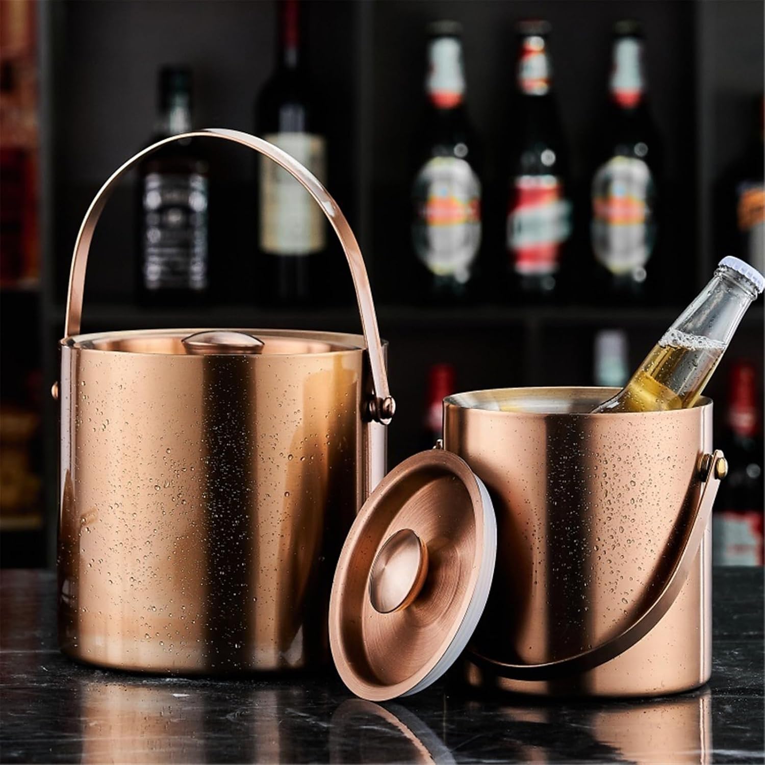 Portable Home Bar Stainless Steel Double Layer Ice Bucket with Lid for Cocktail Bars, Freezers, and Wine Party
