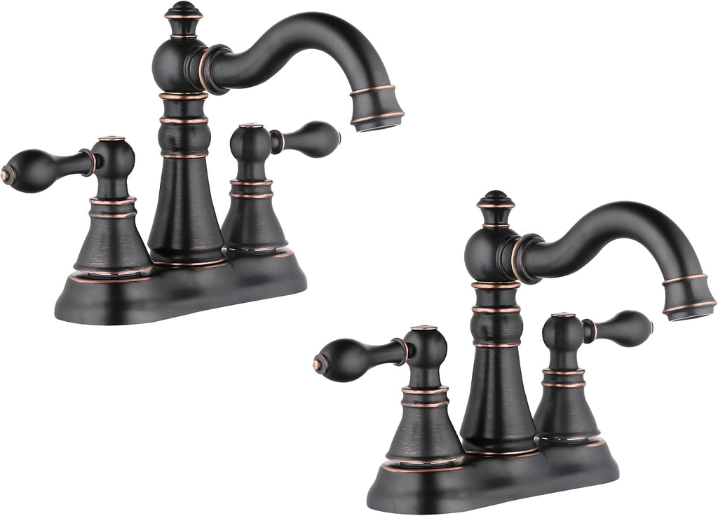 Two Handle Bathroom Faucet Oil Rubbed Bronze Bathroom Lavatory Sink Faucet 3 Hole with Pop up Drain Assembly, Classic 4 Inch Centerset with 360° Swivel Spout,2 Pack,F-0048-ORB