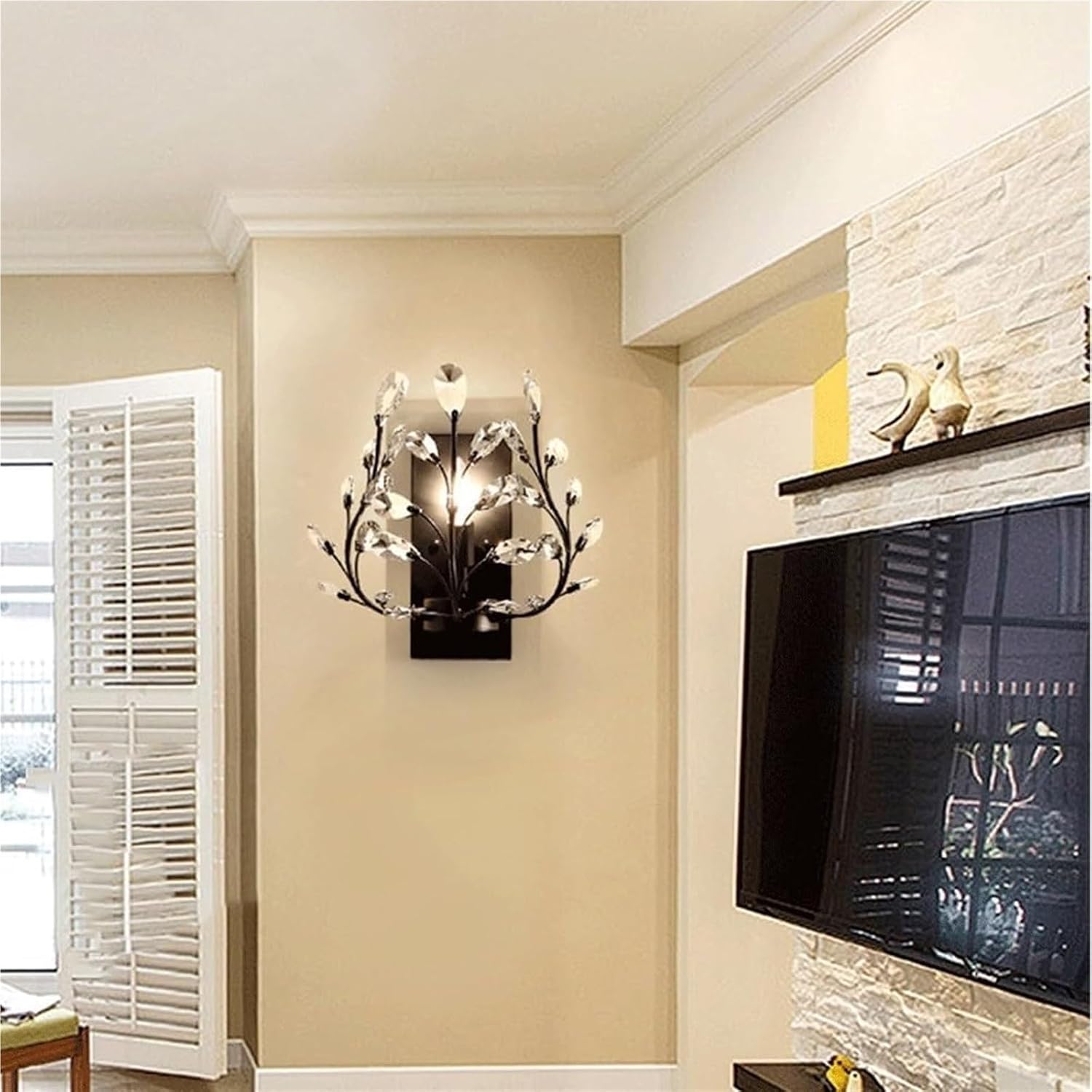 E14/E12 Creative Retro Crystal Wall Sconce with Wrought Iron Crystal Branch Design, Wall Mounted Lighting Fixture for Dining Room, Bathroom, Bedroom, Living Room, Entryway(Black)