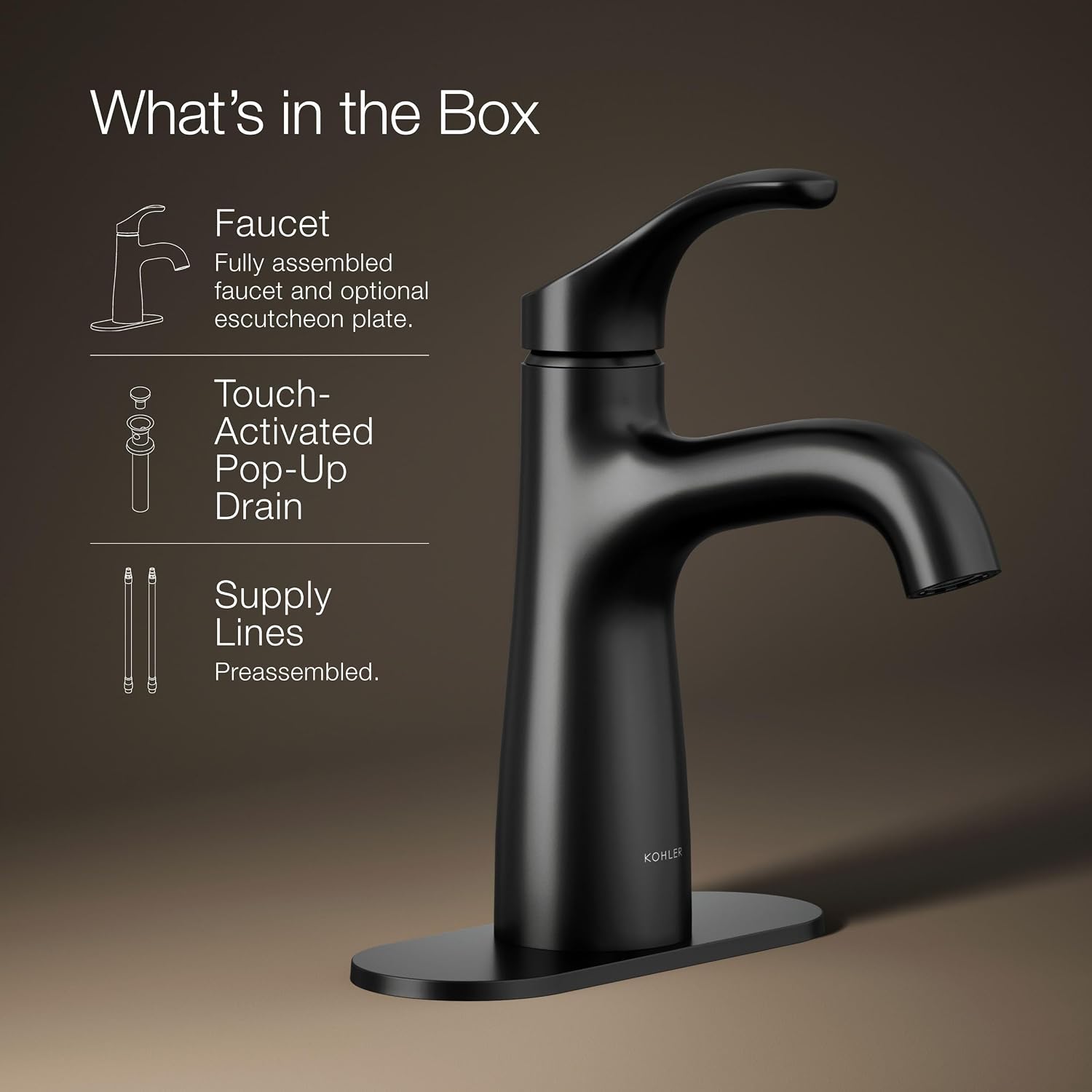 KOHLER K-27389-4-BL Simplice® Single-Handle Bathroom Sink Faucet, 1-Hole, Single-Handle Bathroom Faucets with Clicker Drain, 1.2 GPM, Matte Black