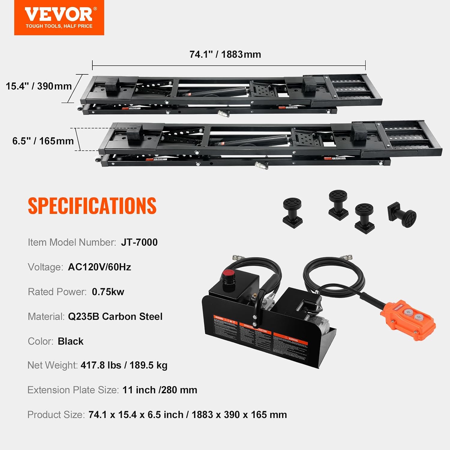 VEVOR Portable Car Lift - 7,000 LBS Capacity, 26.8' Max. Height, Heavy-Duty Carbon Steel Truck Lift with 120V Power Unit | 26.8' Max Height, Extended-Length Plates, Heavy-Duty Carbon Steel, 120V Power Unit, For Home Garage Shop