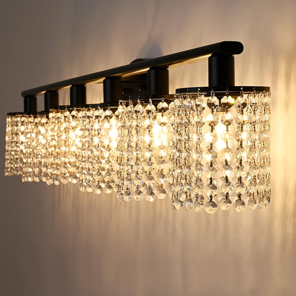 6-Light Bathroom Light Fixtures,Crystal Black Vanity Lights for Bathroom,Modern Bathroom Lights Over Mirror,Modern Black Wall Lights
