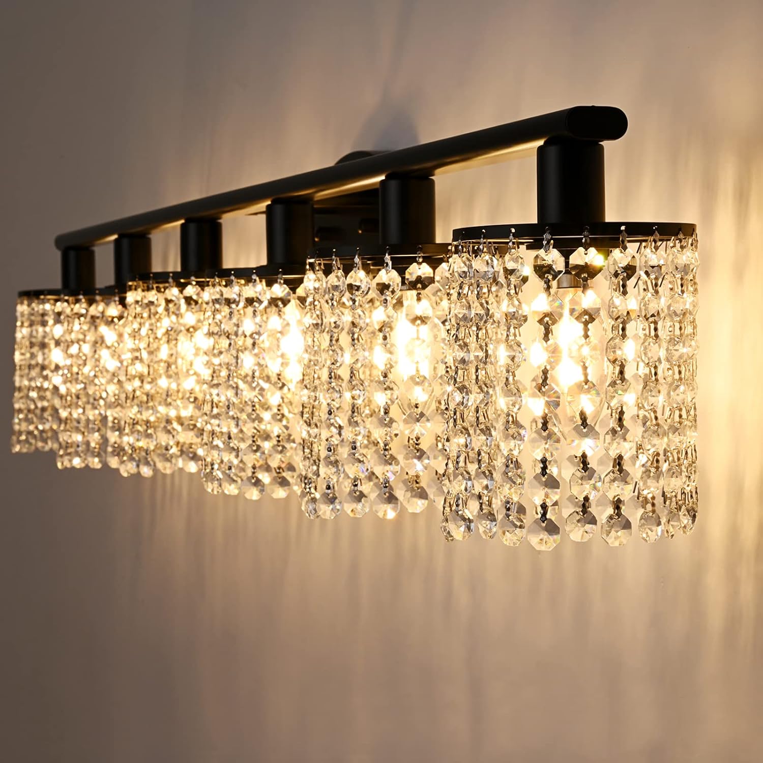 6-Light Bathroom Light Fixtures,Crystal Black Vanity Lights for Bathroom,Modern Bathroom Lights Over Mirror,Modern Black Wall Lights