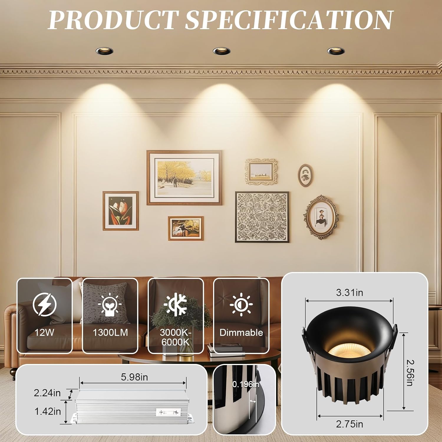 3 Inch Recessed LED Light, Dimmable Recessed Lights with J-Box, 3CCT Trimless Soffit Canless Light 3000-6000K Selectable, 12W 1300LM Black Recessed Lighting for Living Room,Kitchen (6 PCS)