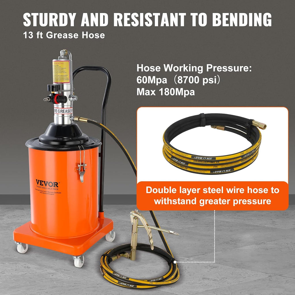 VEVOR Grease Pump, 5 Gallon Air Grease Pump with 13 ft High Pressure Hose and Grease Gun, 20L Pneumatic Grease Pump with Wheels, Portable Lubrication Grease Pump