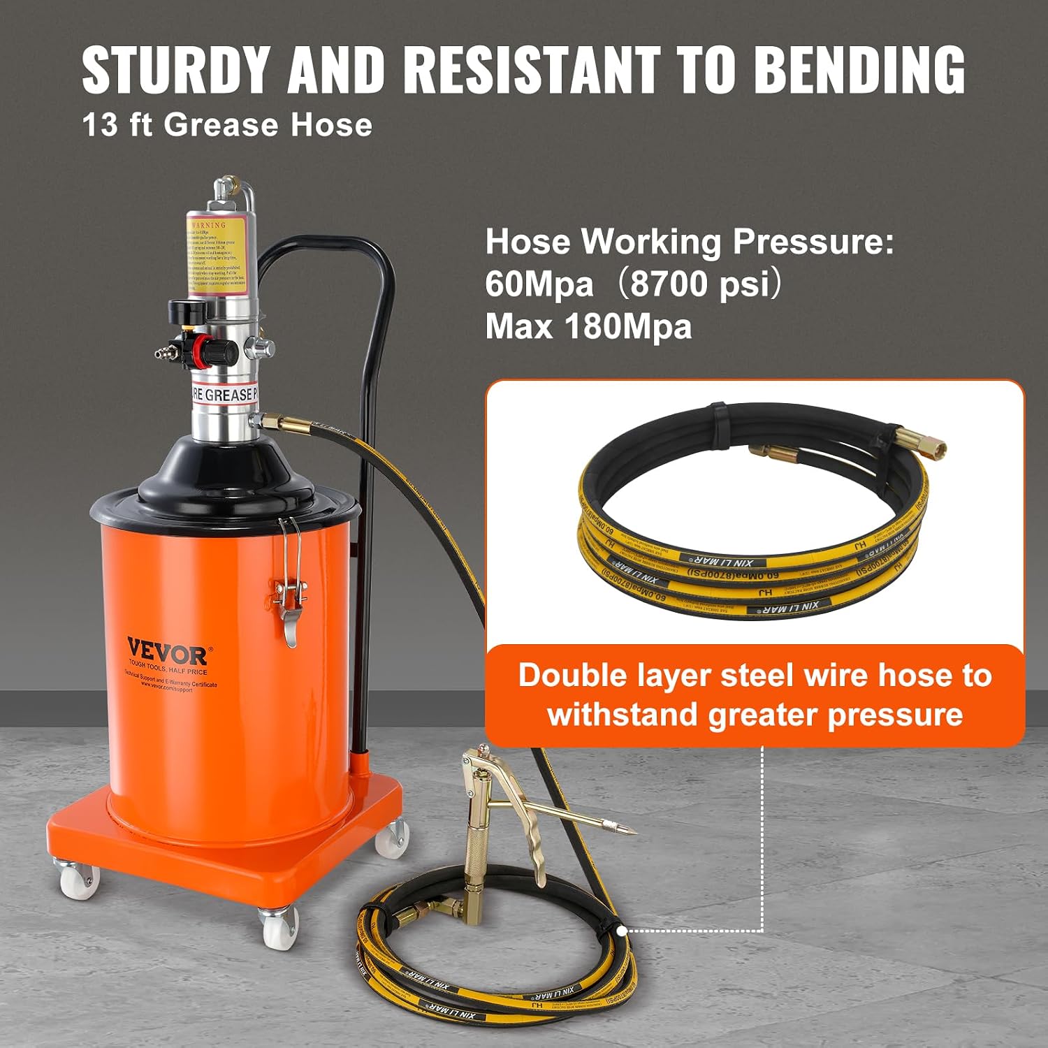VEVOR Grease Pump, 5 Gallon Air Grease Pump with 13 ft High Pressure Hose and Grease Gun, 20L Pneumatic Grease Pump with Wheels, Portable Lubrication Grease Pump