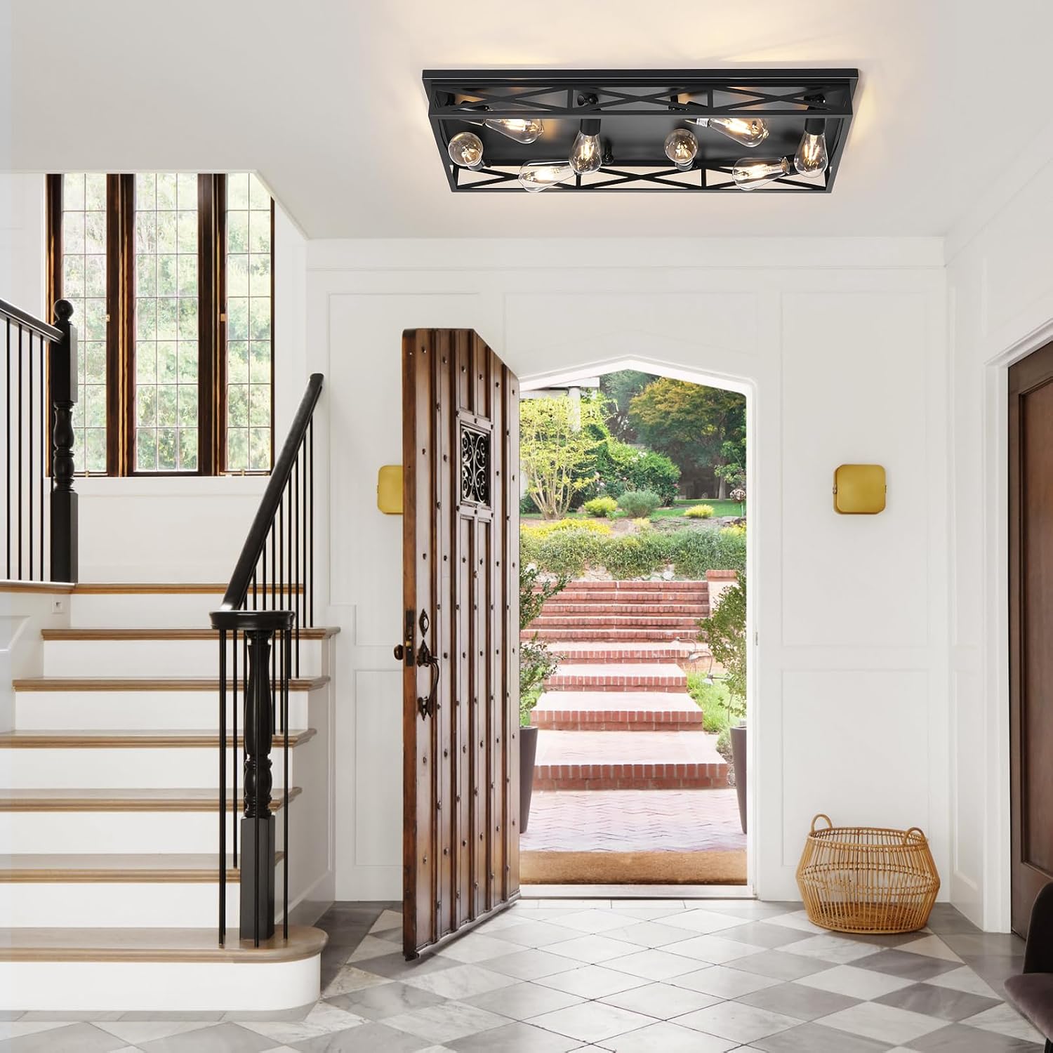 8-Light Large Flush Mount Ceiling Light Fixture, 31' Black Hallway Light, Metal Cage Closed to Ceiling Mounted Lights, Farmhouse Flush Mount Light Fixture for Bedroom Kitchen Hallway Entryway