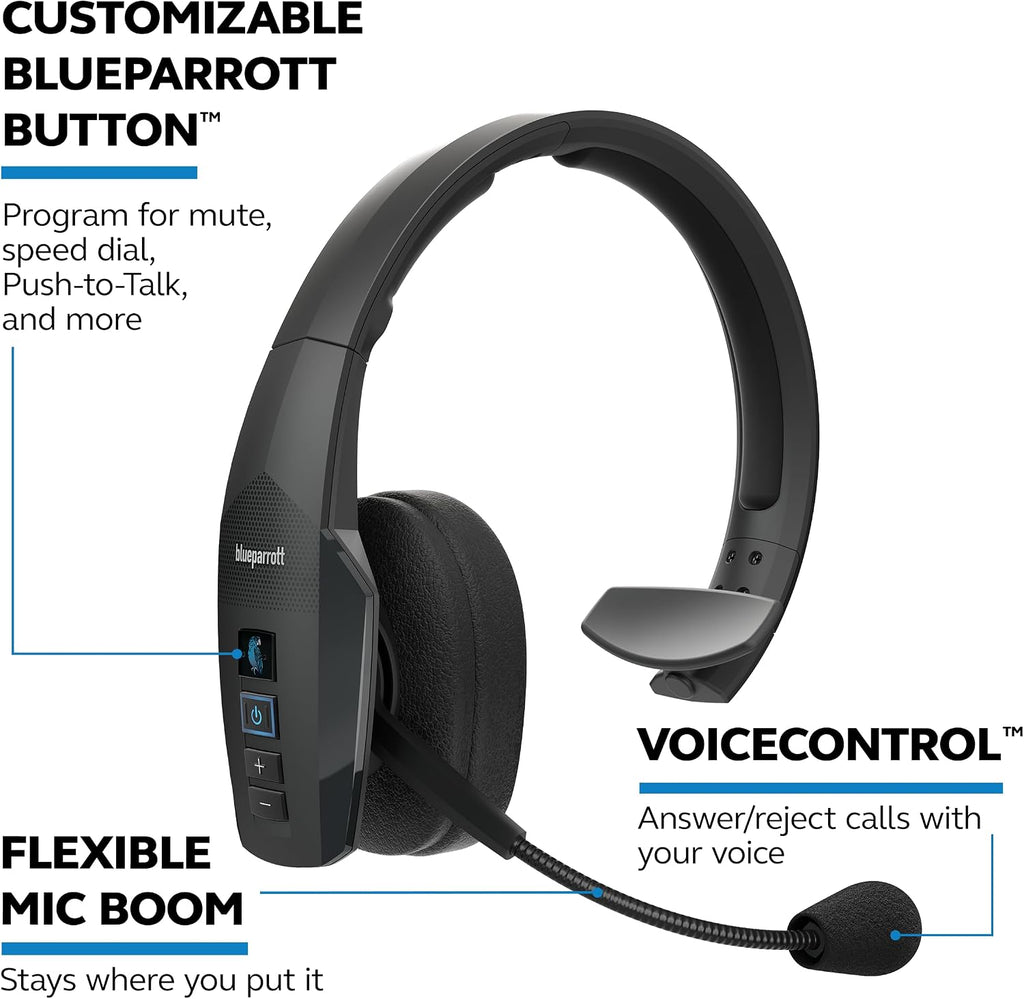 BlueParrott B450-XT Mono Bluetooth Wireless Headphones 96% Noise Canceling Over Head Trucker Headset with Mic, All Day Comfort Padded Headband, Extended Wireless Range, 24 hrs. Talk Time, Black