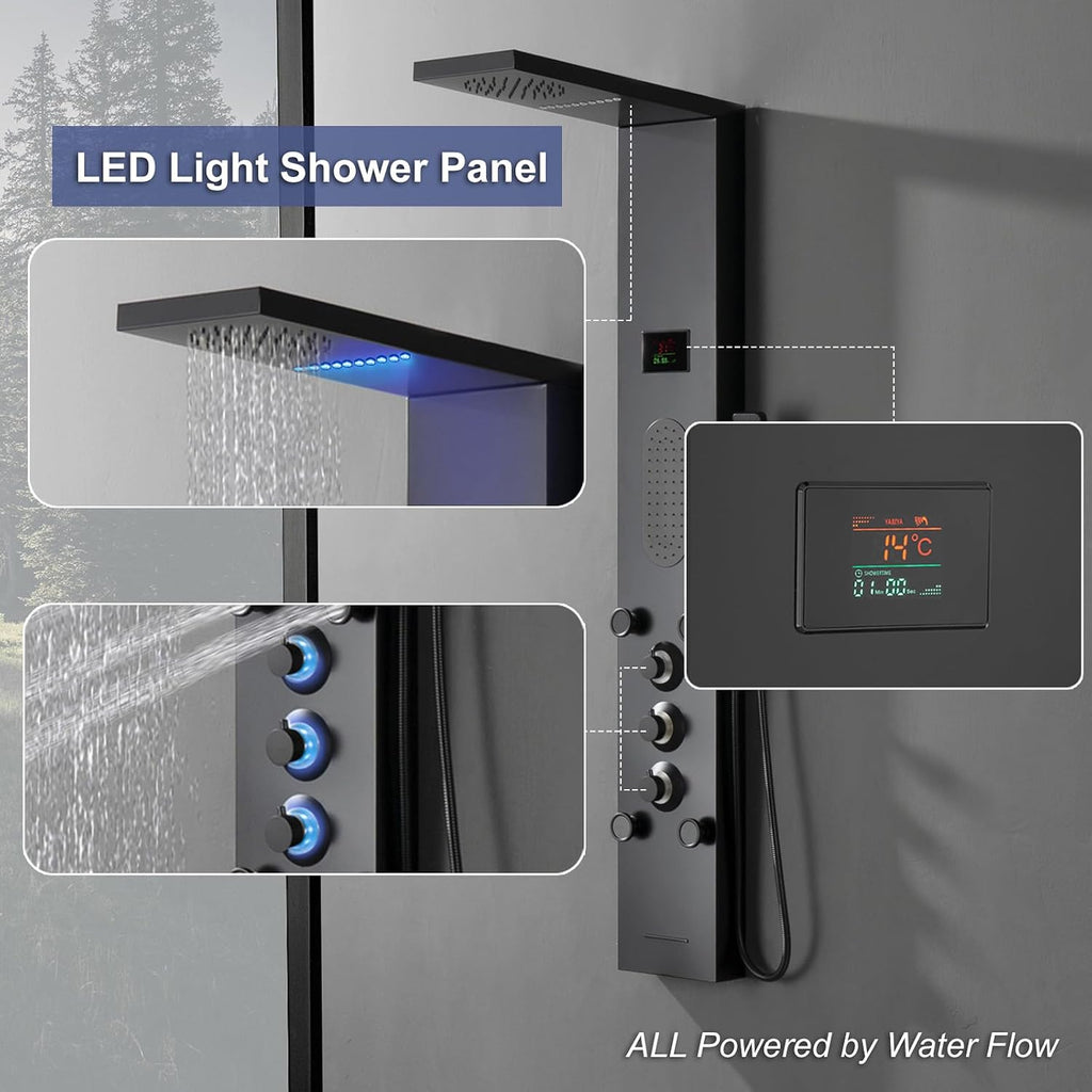 Black Shower Panel Tower System, LED Light Shower Tower with Large Area Body Jet Massage Shower Fixtures with LCD Temperature Display, Adjustable Body Jets Tub Spout Hand Shower, Black