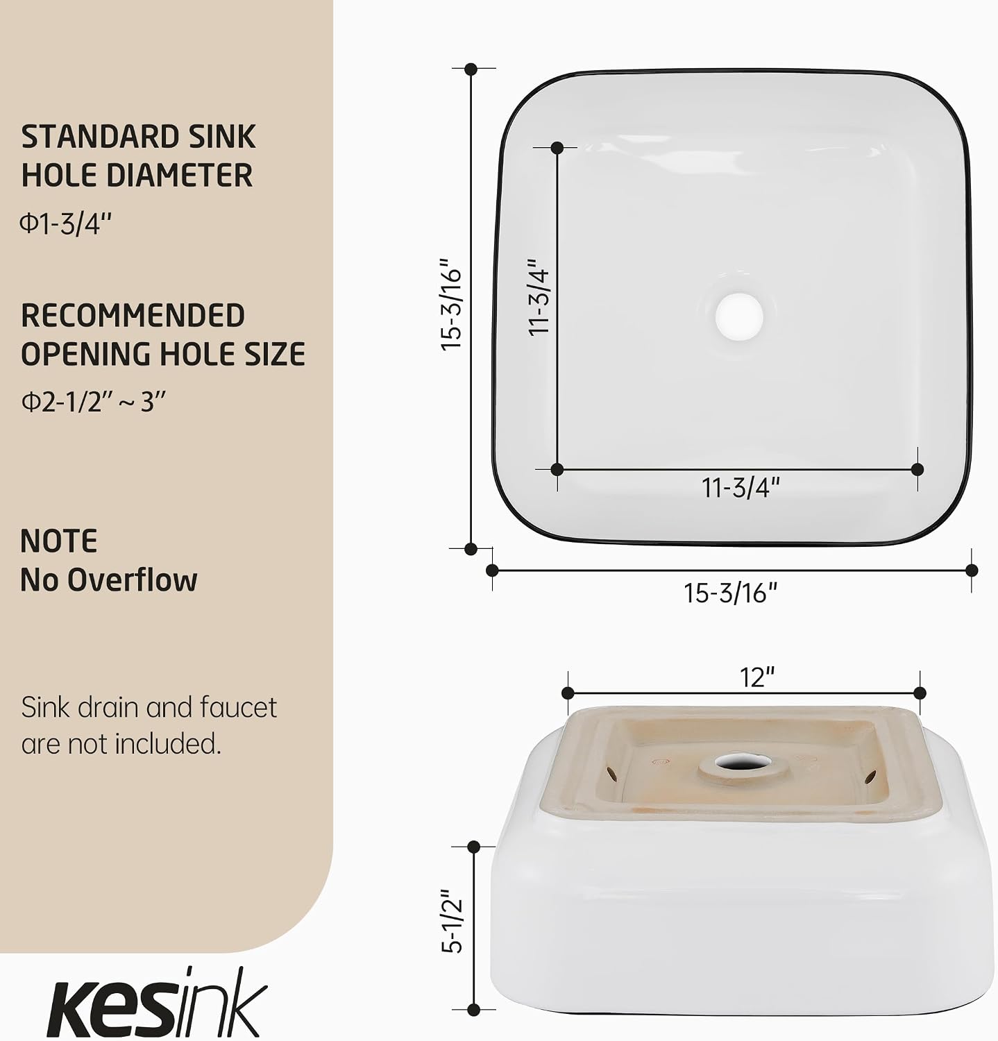 Countertop Bathroom Vessel Sink Black Trim Design 15 Inch Square, White Vessel Sink for Bathroom, Modern Ceramic Above Counter Bathroom Vanity Sink, Porcelain, CBS136